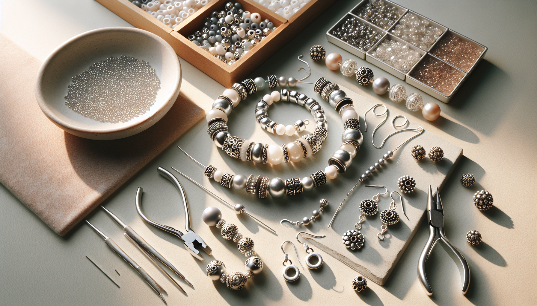 DIY smyckesflatlay med armband, halsband, örhängen och eleganta silverfärgade mellandelar från Hilmaspyssel.se på ljus, skandinavisk bakgrund