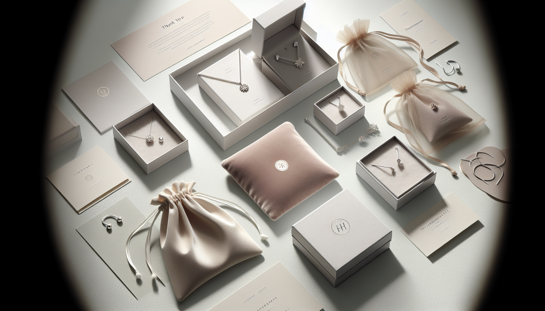 Plattlay med eleganta smyckesaskar och påsar från Hilmaspyssel på ljus bakgrund, lyxig förvaring och presentförpackning för smycken