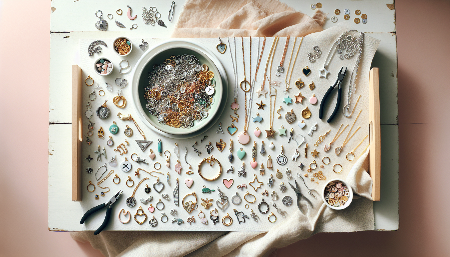 Ljus flatlay med berlocker och charms från Hilmaspyssel.se för DIY smyckestillverkning, halvklarna armband, halsband och smyckesverktyg.