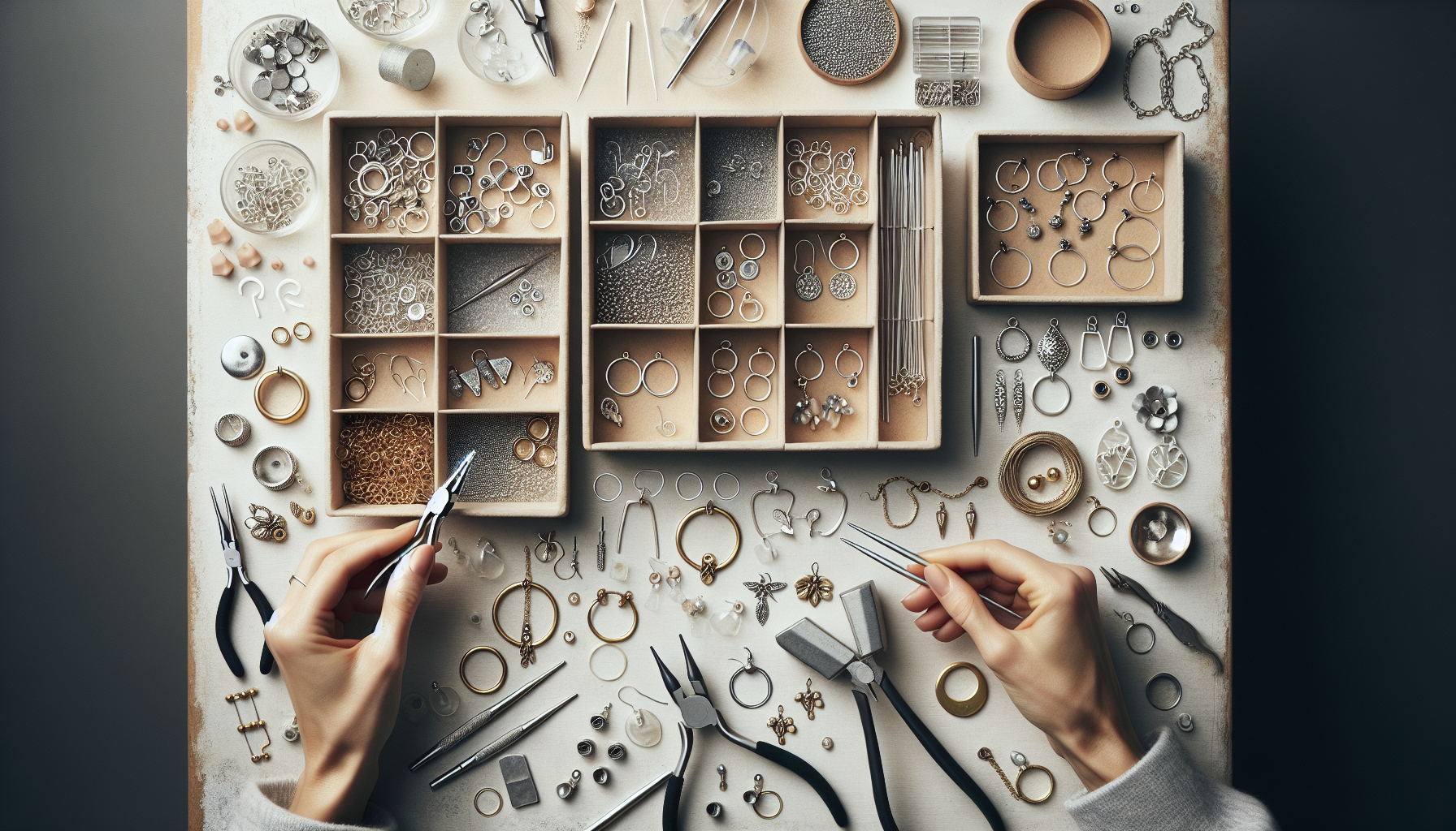 Skandinaviskt DIY-smyckesbord ovanifrån med händer som monterar stilrena silverörhängen med tänger, krokar, hoops och små hängen.