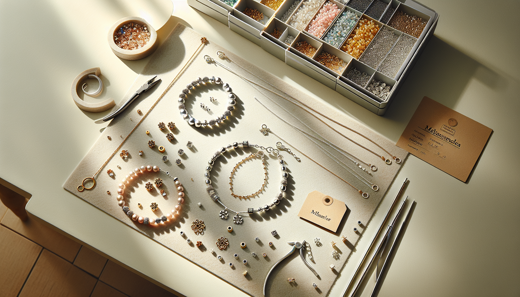 Ljust pysselbord med armband och halsband, mellandelar i silver, guld och roséguld, pärlor, verktyg och brickor märkta Hilmaspyssel.se