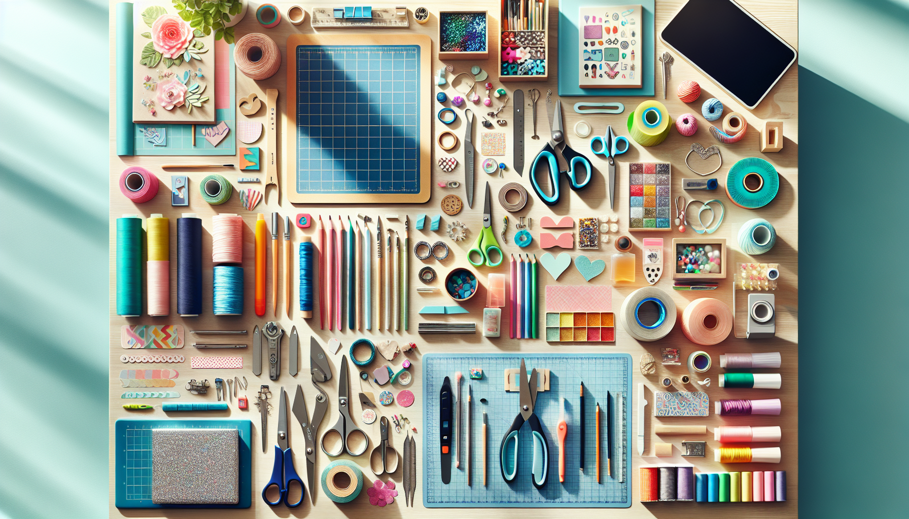 Skandinaviskt DIY-pysselbord med färgglada hantverksverktyg, scrapbook-material och laptop som visar svensk webbshop i mjukt dagsljus