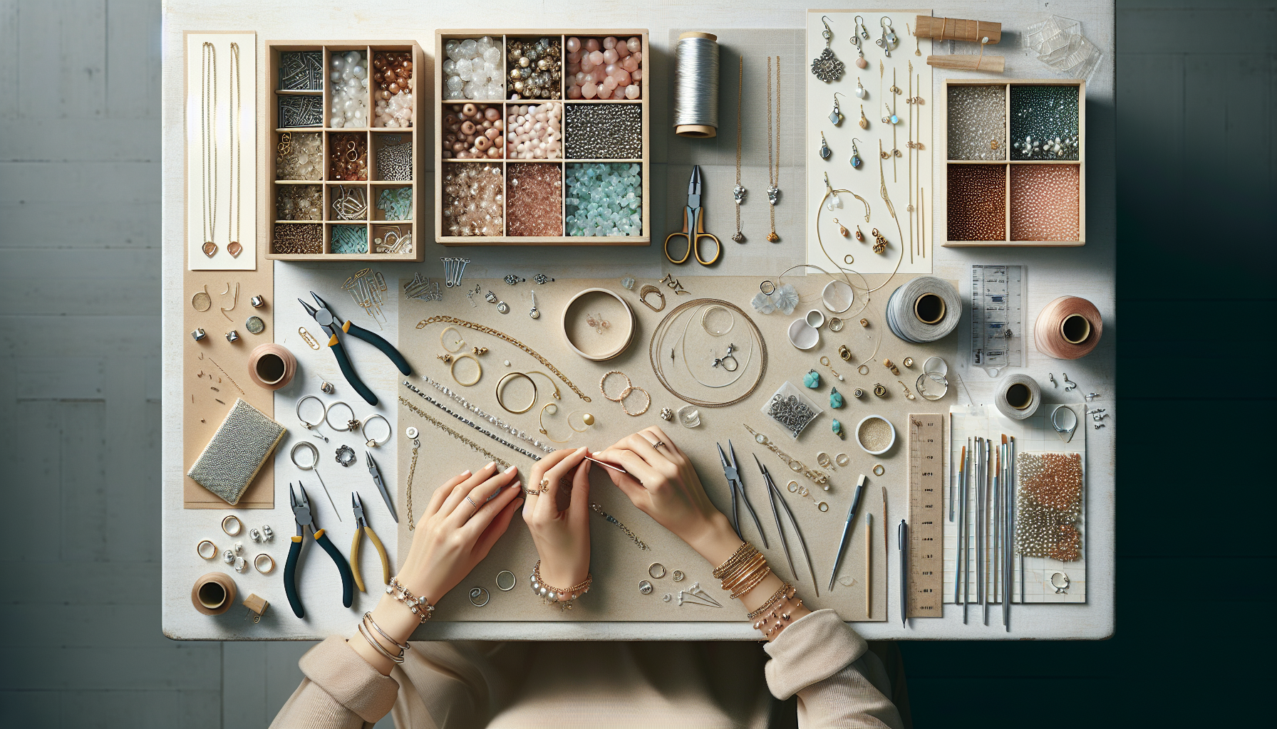 Flatlay av skandinaviskt smyckesbord med händer som gör armband, DIY smyckestillbehör, pärlor och laptop med smyckeskurs i bakgrunden
