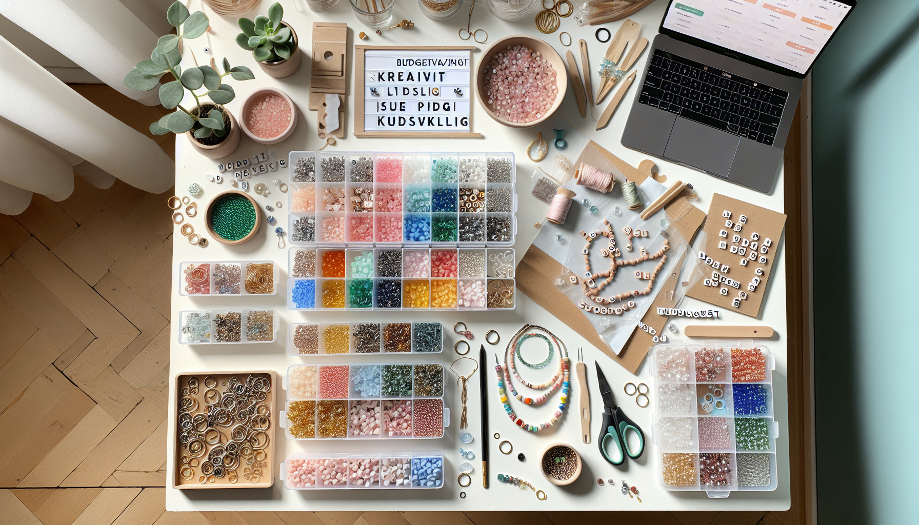 Ljus flatlay av skandinaviskt smyckespyssel: billiga pärlor, DIY-armband, litet budgetvänligt-prislapp och surfplatta med e‑handelssida