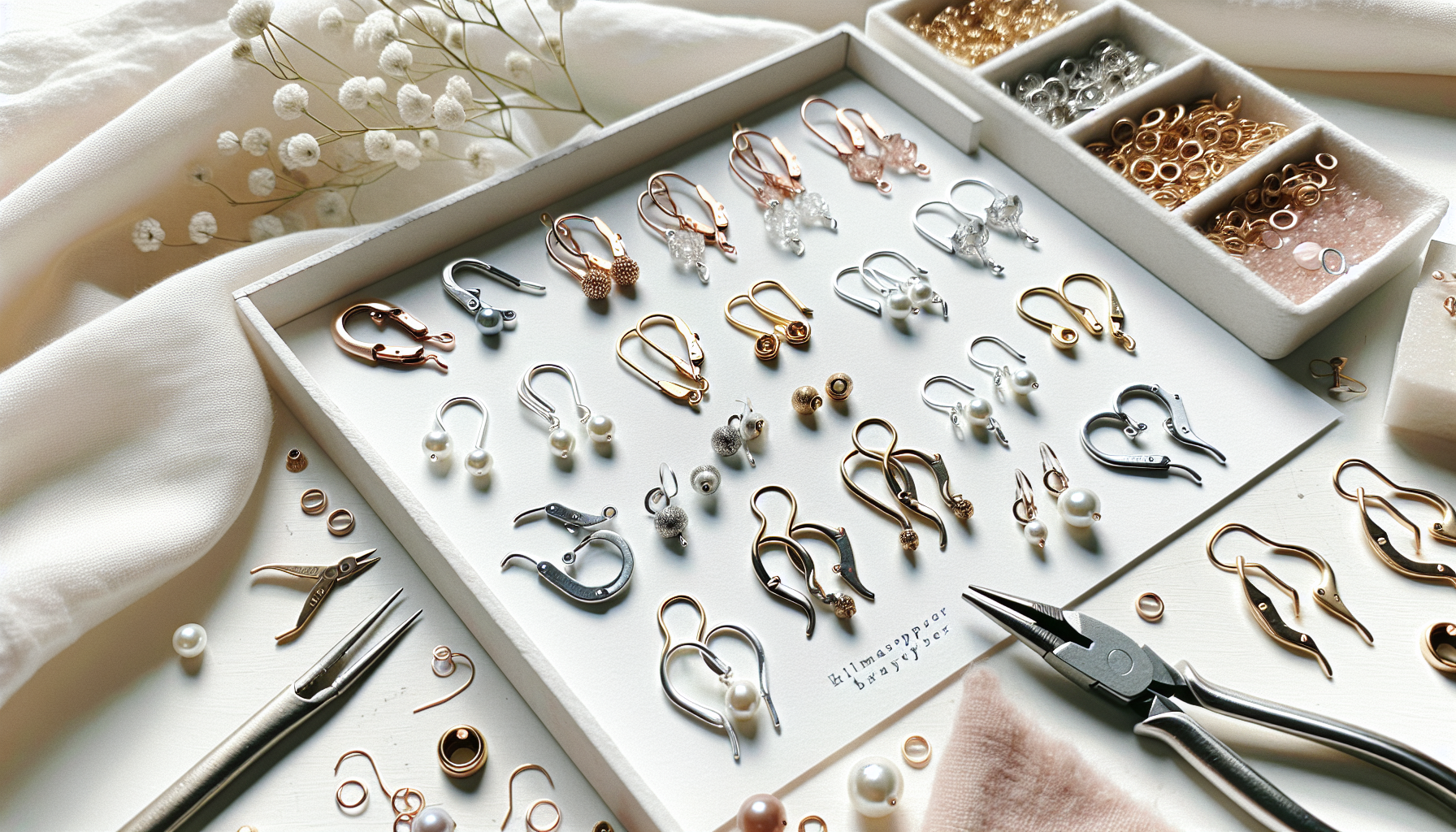 Flatlay med brisyrer i silver, guld, rosé och stål, verktyg och pärlor på ljus bakgrund för DIY-smycken på Hilmaspyssel.se