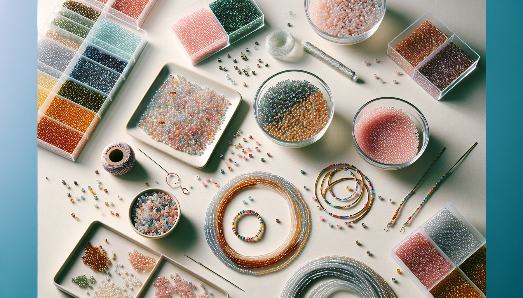 Närbild flatlay av Miyuki Seed Beads 6/0 i skålar med påbörjat armband och halsband på ljus bakgrund för DIY-smycken hos Hilmaspyssel.se