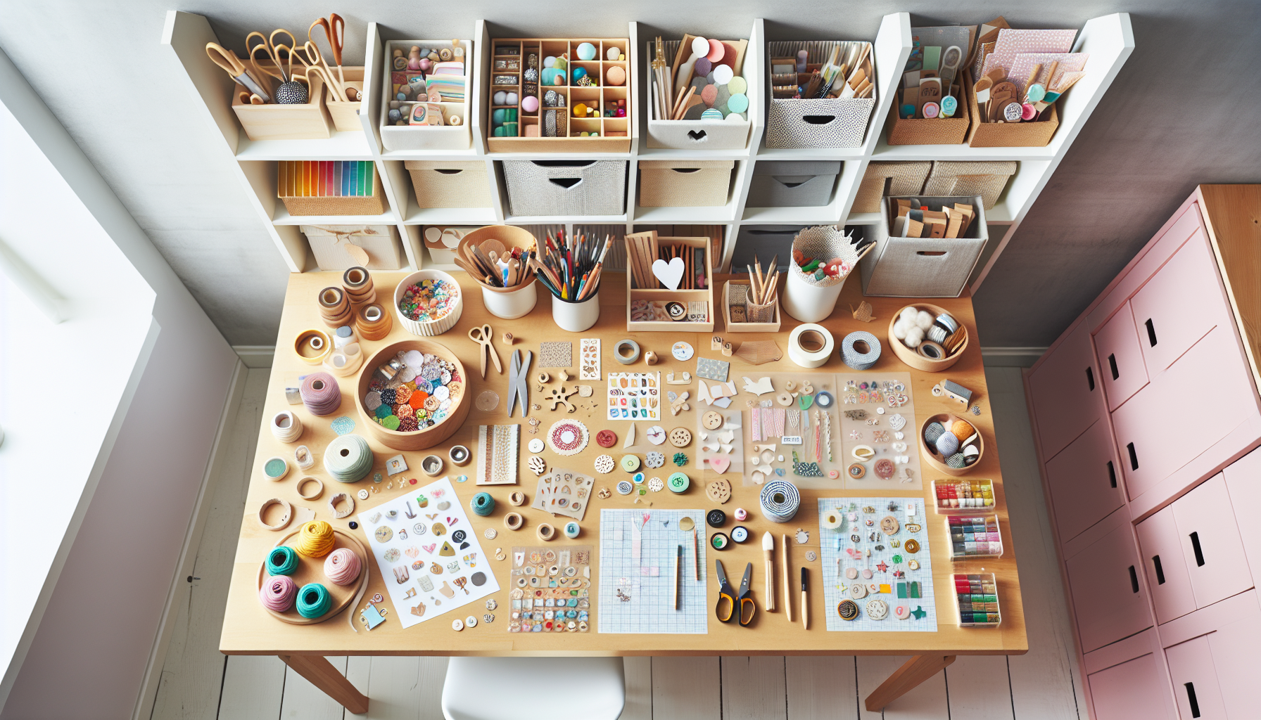 Ljust kreativt pysselbord ovanifrån med ordnade blandade pysseltillbehör och små DIY-projekt, skandinaviskt stilrent för svensk pysselblogg.