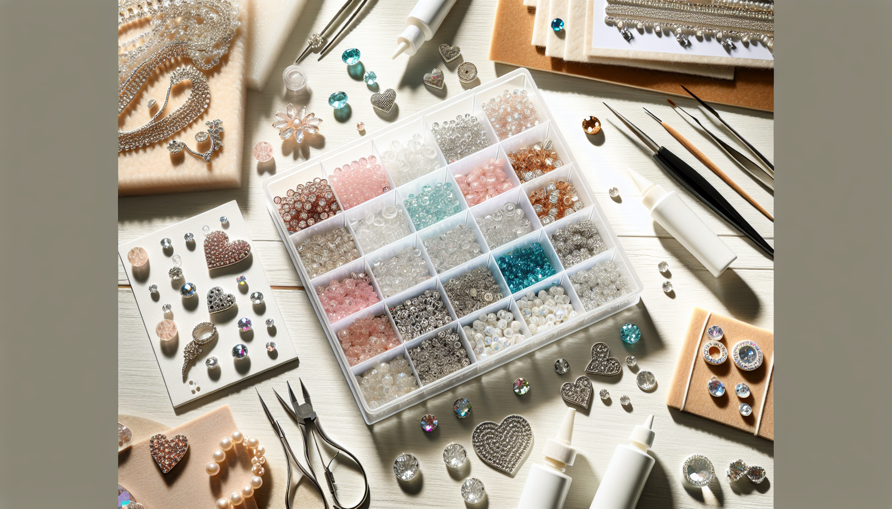 Ljus flatlay-bild på strasspärlor, smyckestillverkning och DIY-pyssel med bröllopsinspiration på ljust bord, perfekt för kreativ hobbyblogg