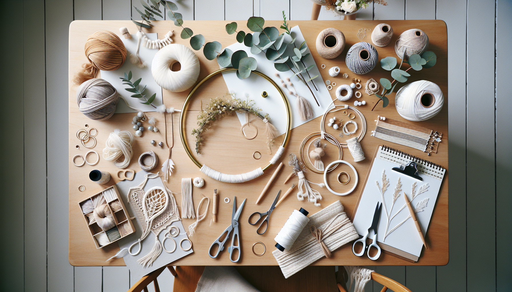 Flatlay med ringstommar i metall på träbord, dekorerade med makramé, eucalyptus och drömfångare, omgiven av pysselmaterial i skandinavisk stil