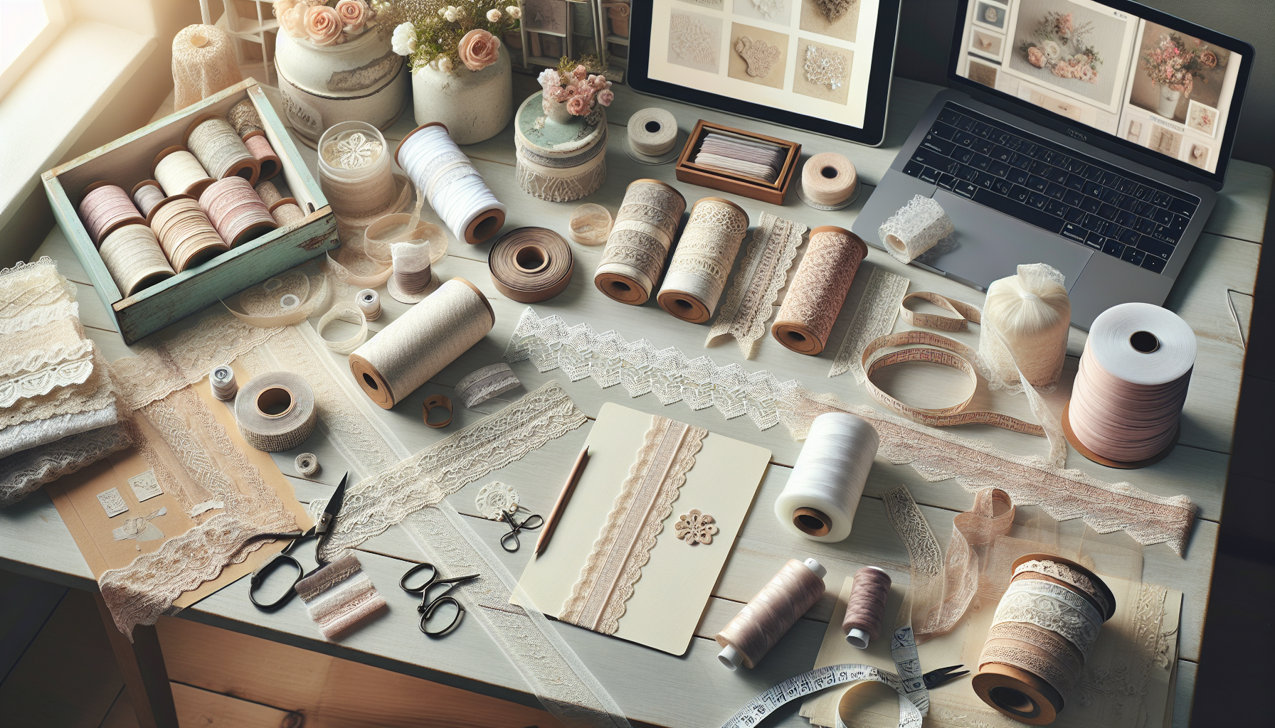 Kreativ DIY-verkstad med spetsband, bröllopsinbjudan och verktyg på ljust träbord – headerbild för svensk pysselblogg om spets och onlineköp