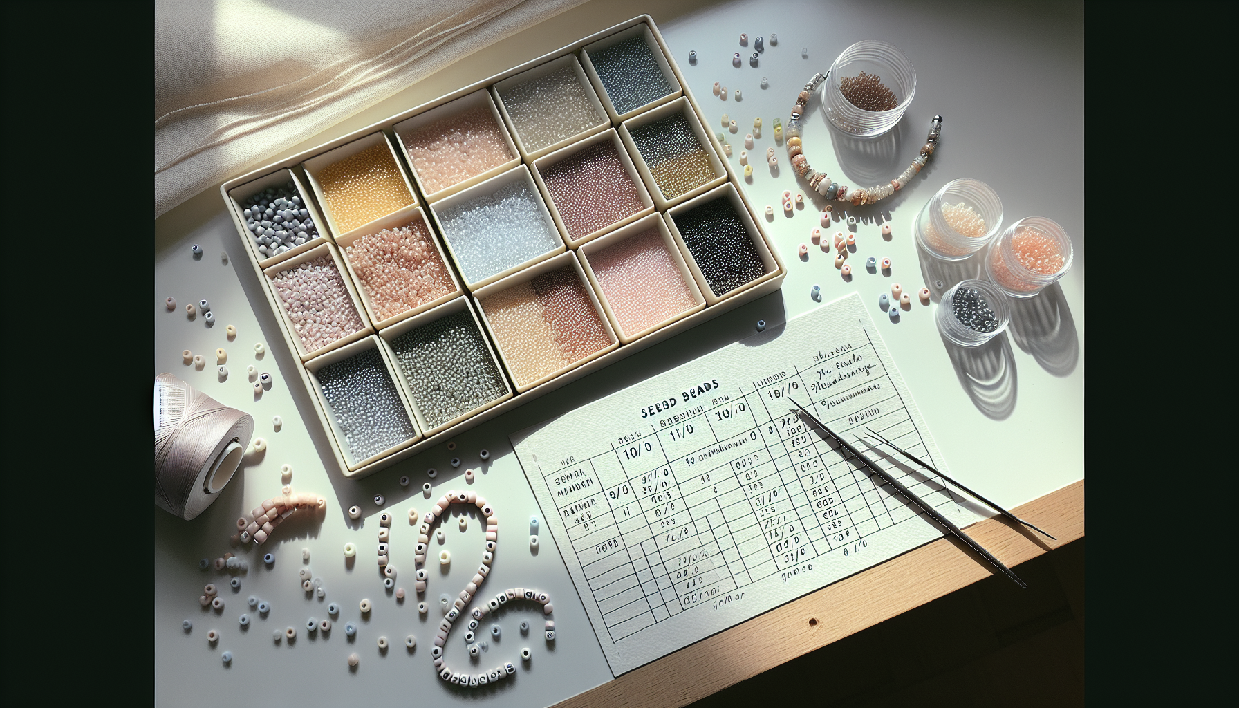Plattlay med seed beads 15/0, 11/0, 8/0 i pastellfärger, märkt Toho, Miyuki, Preciosa, samt påbörjat pärlarmband på ljus skrivbordsyta