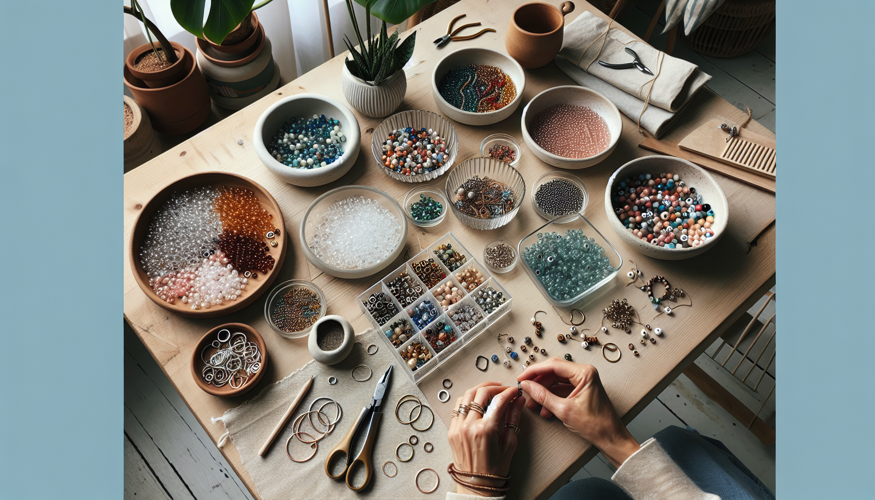 Färgglada mixade pärlor på ljust bord, DIY-smyckestillverkning hemma med händer som trär pärlor från Hilmaspyssel.se