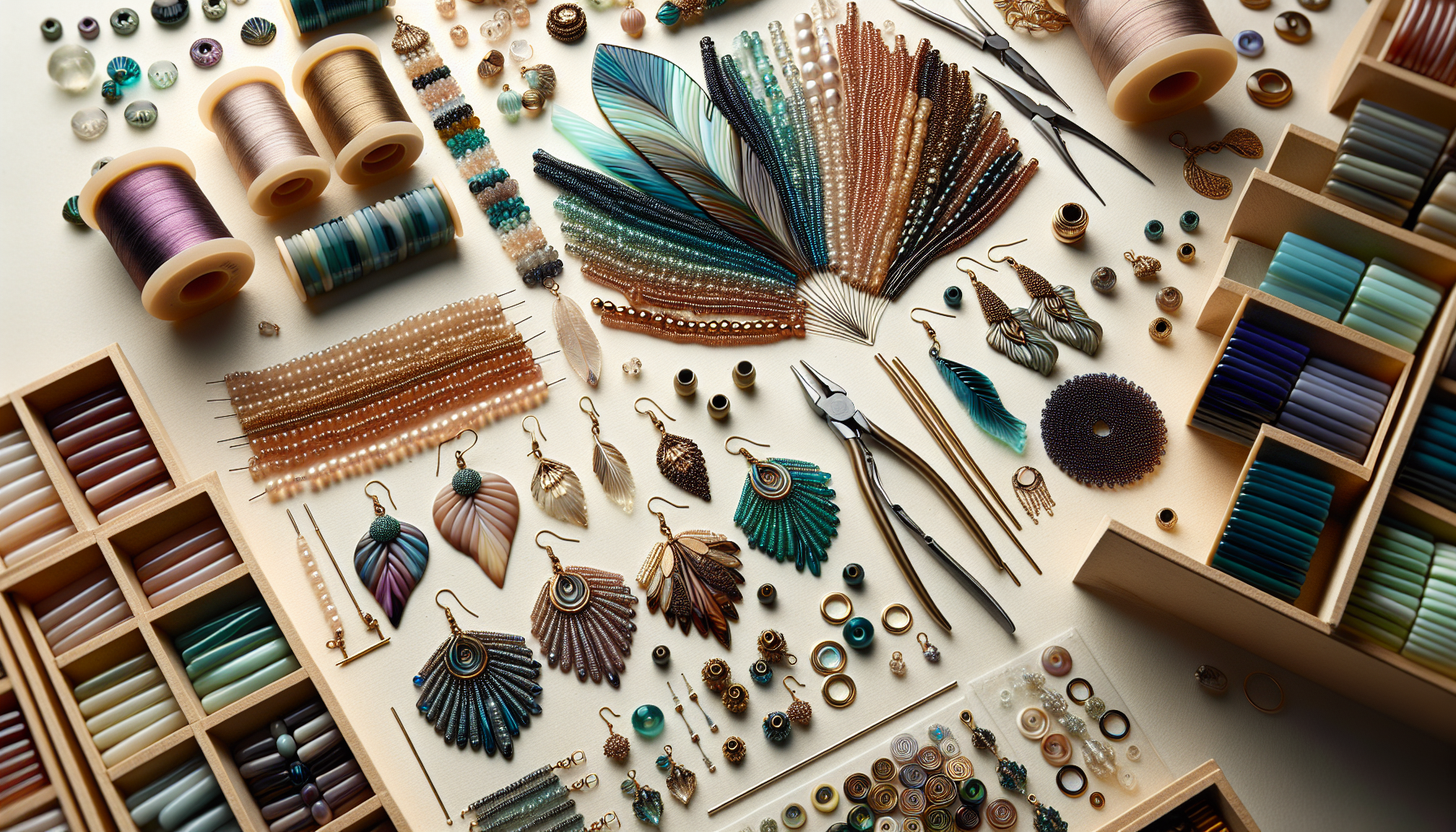 Lyxigt flatlay med tjeckiska 2-håls daggerpärlor, handgjorda örhängen, armband och halsband i teal, guld och brons på ljus bakgrund.