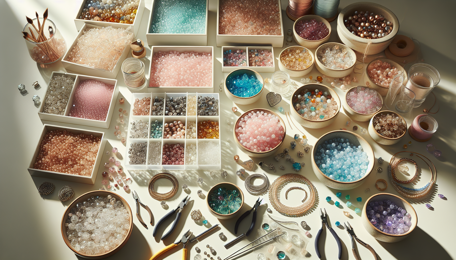 Plattläggning med skimrande fasetterade pärlor, DIY-armband och örhängen, smyckesverktyg på ljus nordisk bakgrund för hemmagjord smyckestillverkning.