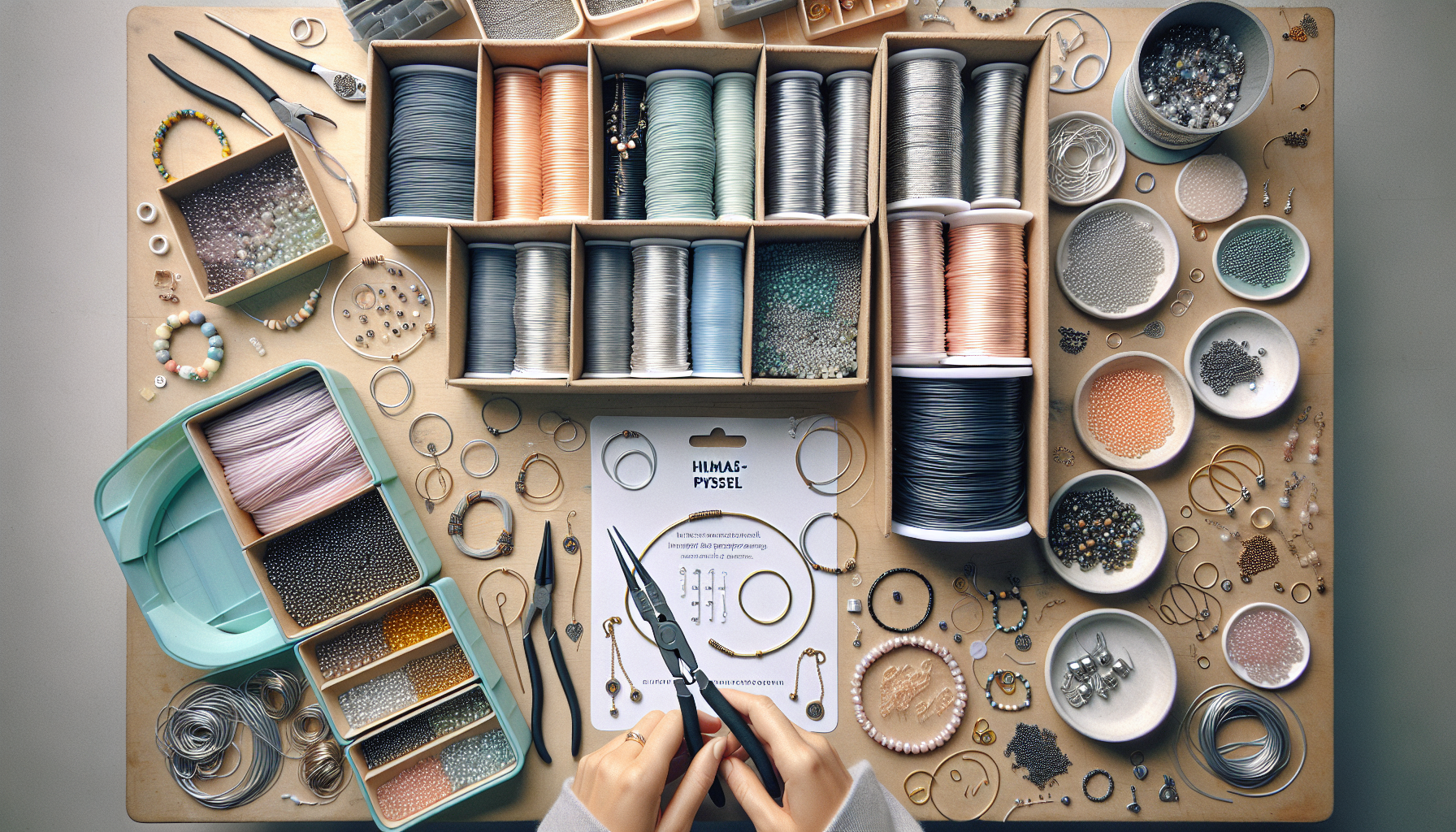 DIY-smyckesbord ovanifrån med färgad plastad wire, händer som crimpar armband, pärlor och verktyg från Hilmaspyssel.se i nordisk stil