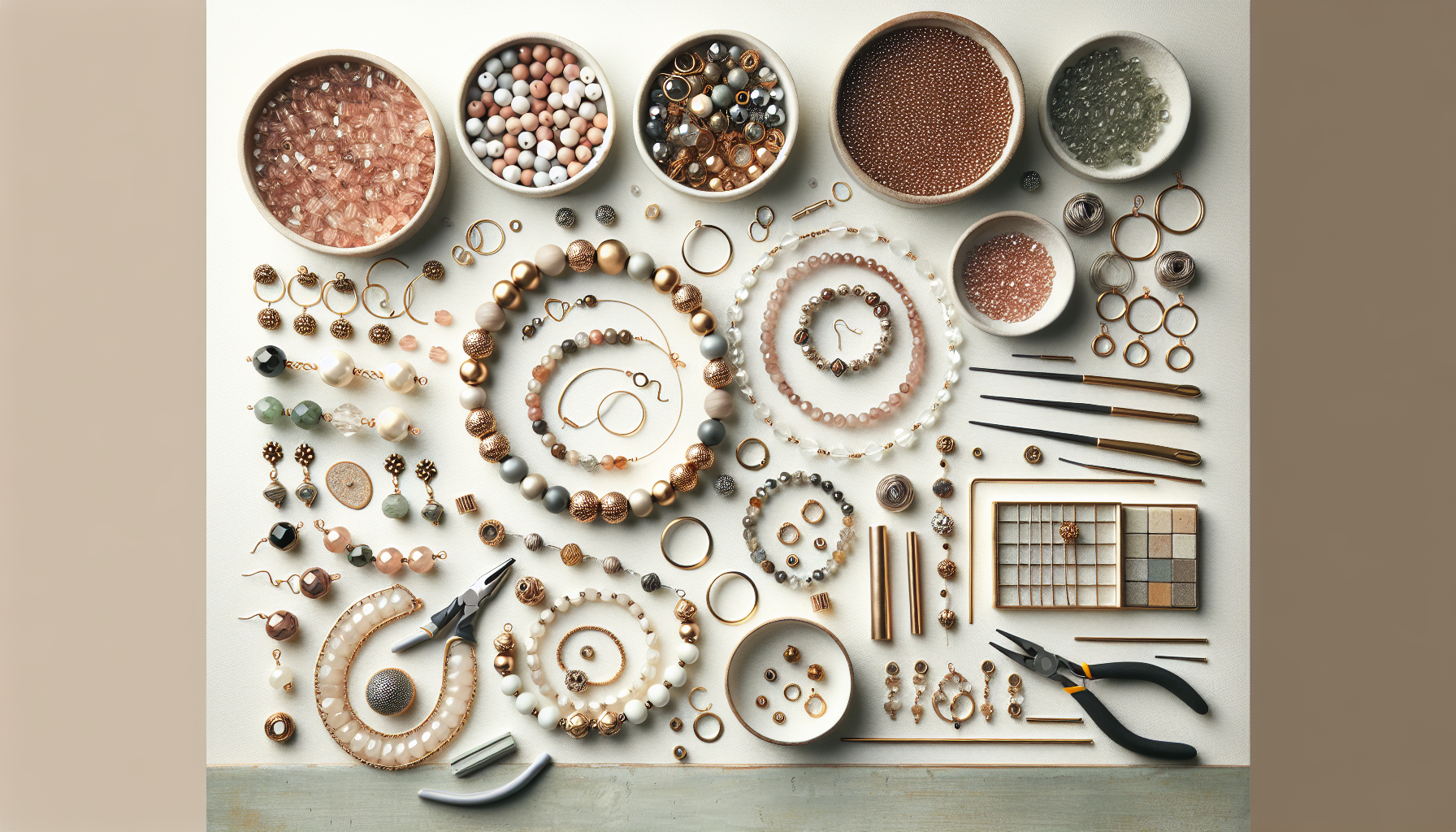 Skandinaviskt flatlay med handgjorda smycken, bronsfärgade mellandelar, verktyg och pärlor från Hilmaspyssel.se på ljus, minimalistisk bakgrund