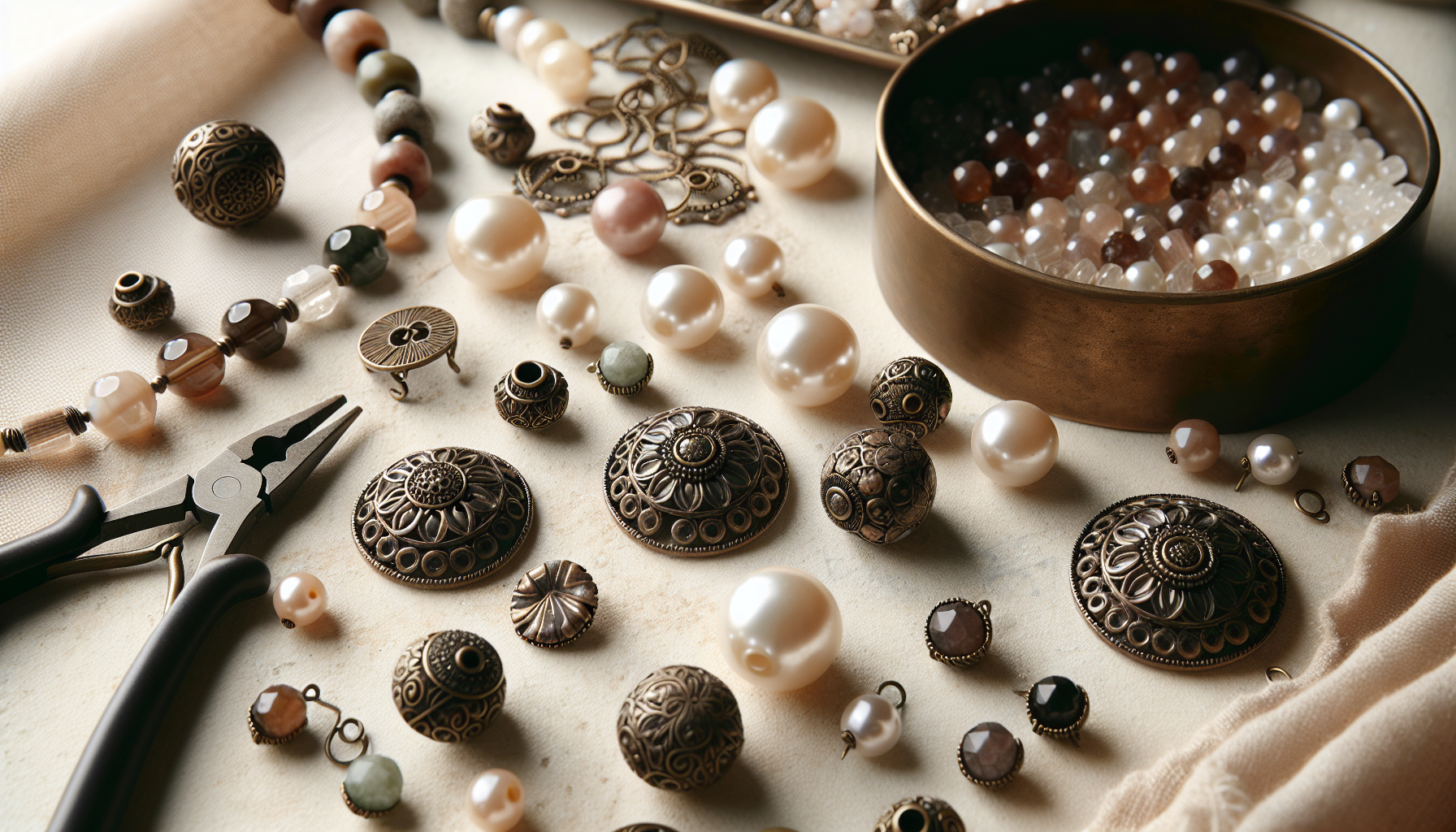 Flatlay med pärlhattar bronsfärgade, glas- och stenpärlor, boho-vintage örhängen och armband på ljust bord i skandinaviskt smyckesmakeri