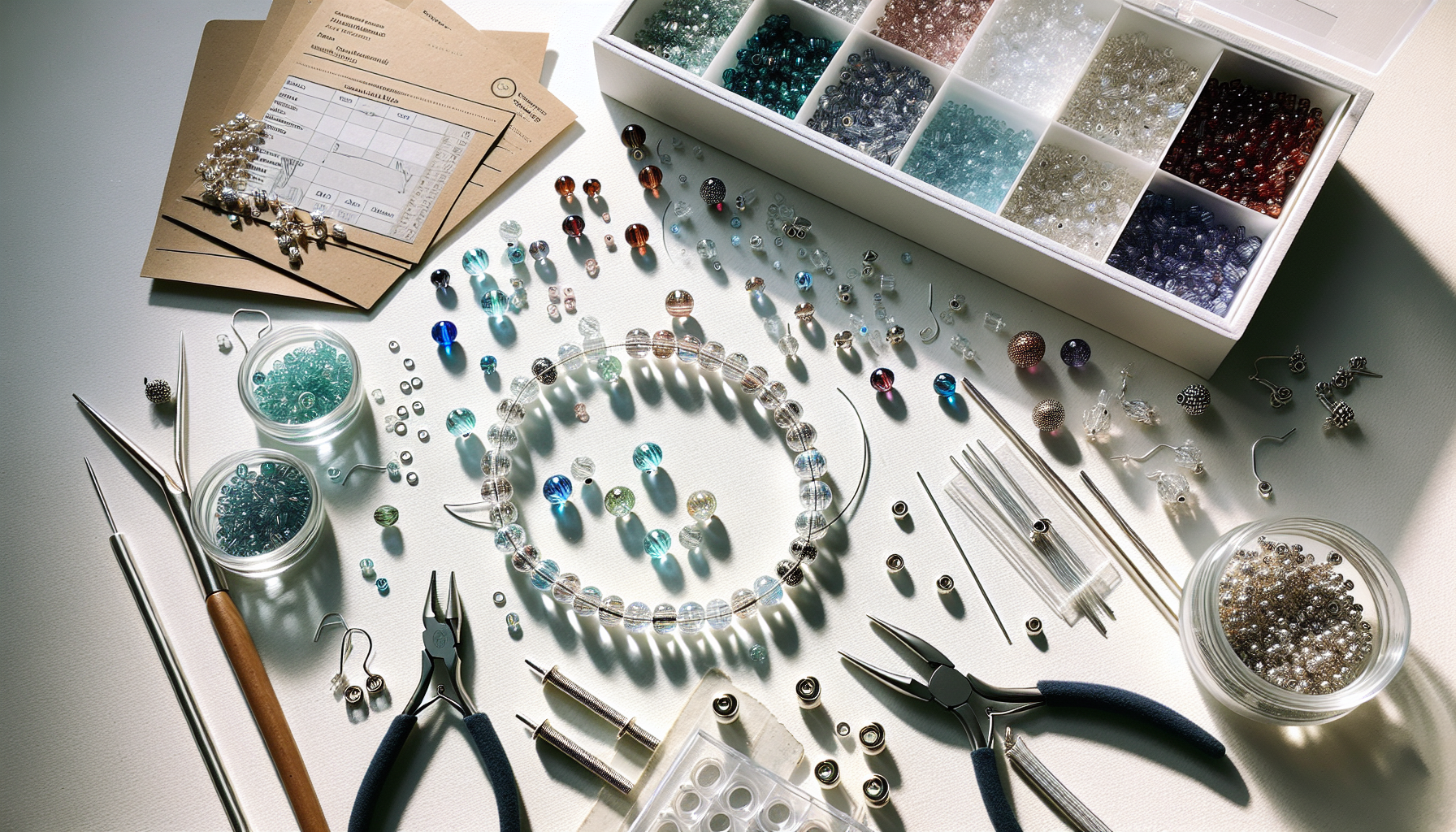 Silverlövsglaspärlor i turkos, blå, röd och lila med armband, örhängen och smyckesverktyg på ljus bakgrund – Hilmaspyssel.se smyckestillverkning