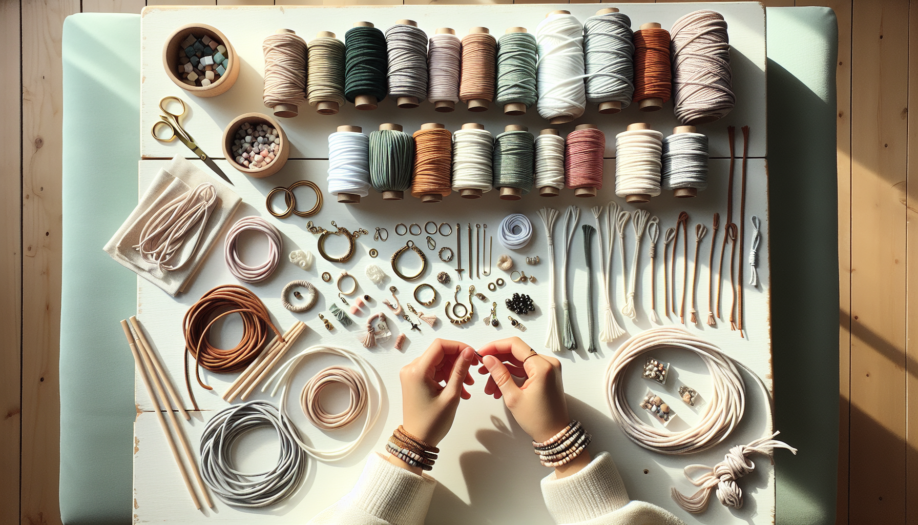 Vaxad bomullstråd från Hilmaspyssel.se i plattläggning med smyckespyssel, makramé och händer som visar steg‑för‑steg DIY-guide