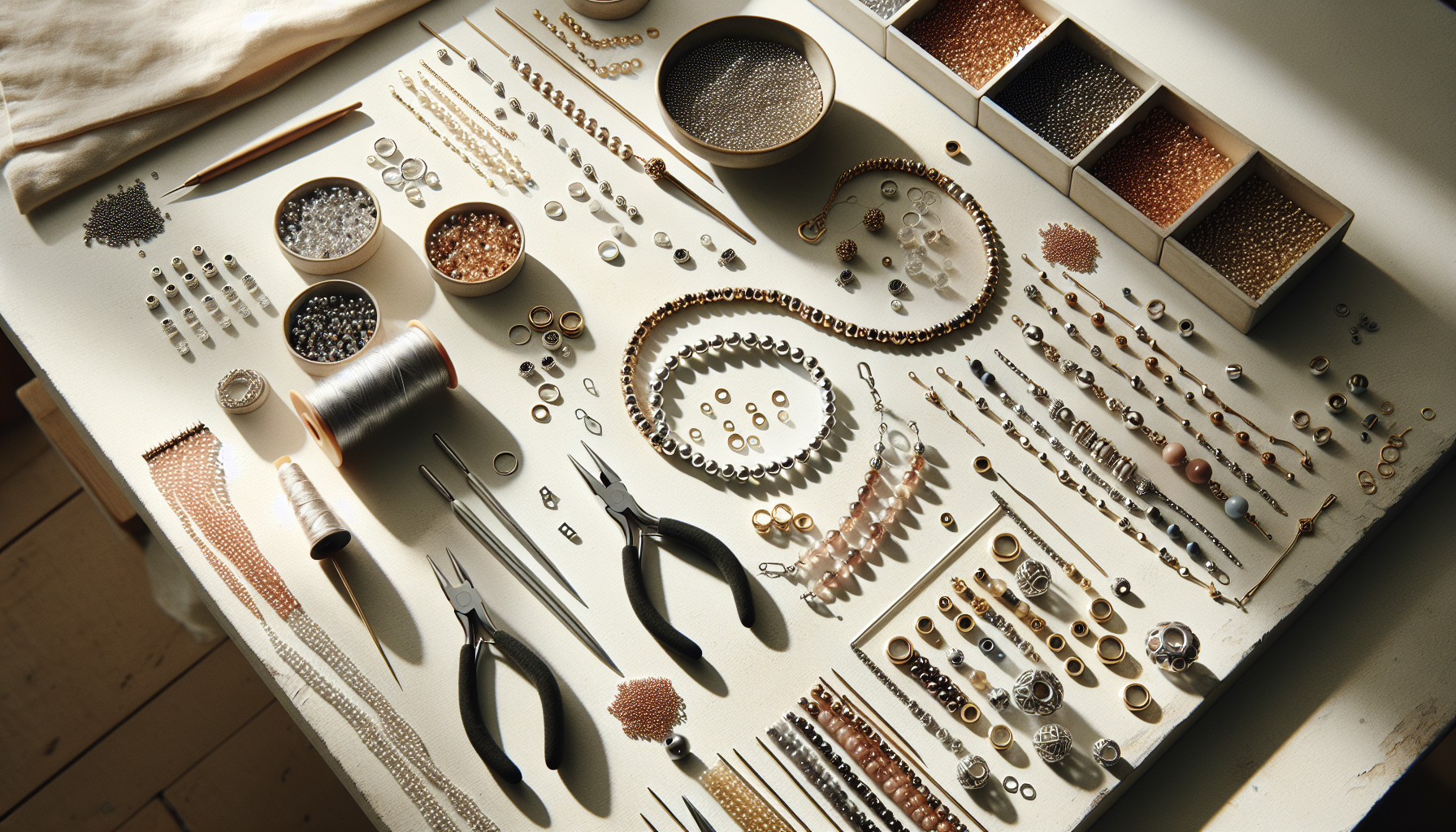 Elegant DIY-smyckestillverkning med metallpärlor på ljus skandinavisk arbetsyta, halvfärdigt armband och halsband i guld, silver och rosé.