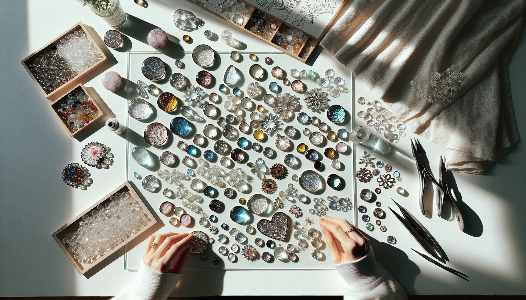 Händer arrangerar glittrande glascabochoner och flatback-stenar på vit pysselyta i skandinaviskt ljus, premium DIY-smycken och kortpyssel.