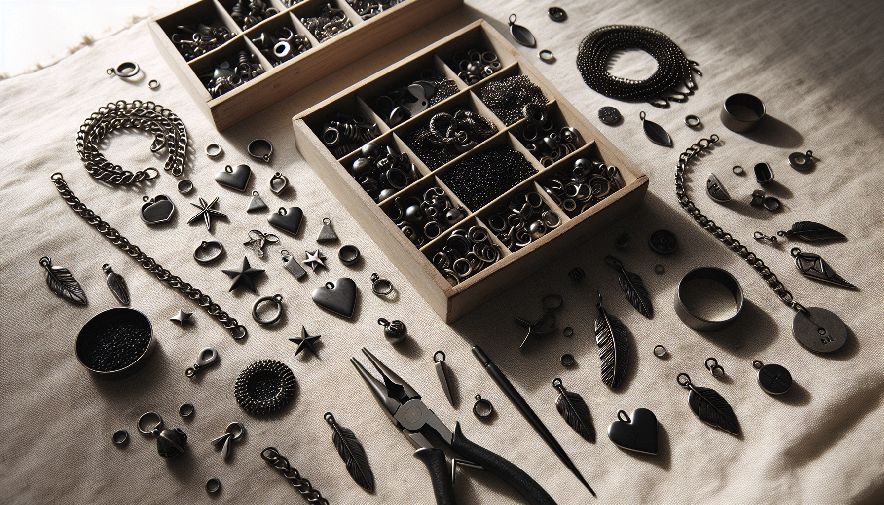 Plattlay DIY smyckestillverkning med svarta gunmetal-berlocker på ljus linneduk, minimalistisk skandinavisk stil för smyckesverkstad/webbshop