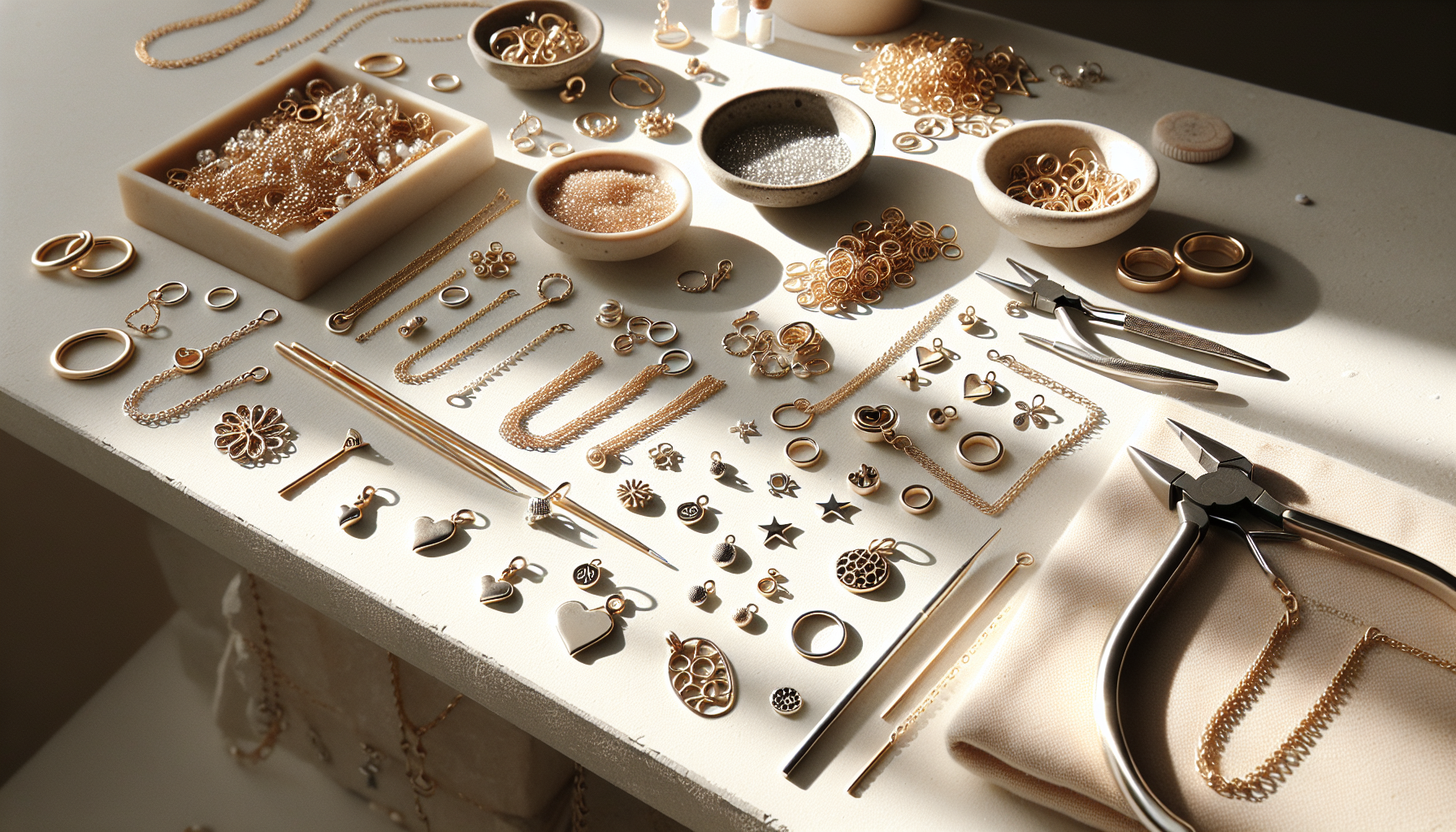 Närbild på DIY smyckesmaterial: berlocker och charms i 925 silver med 24K guldplätering på ljus, skandinavisk arbetsyta för smyckestillverkning