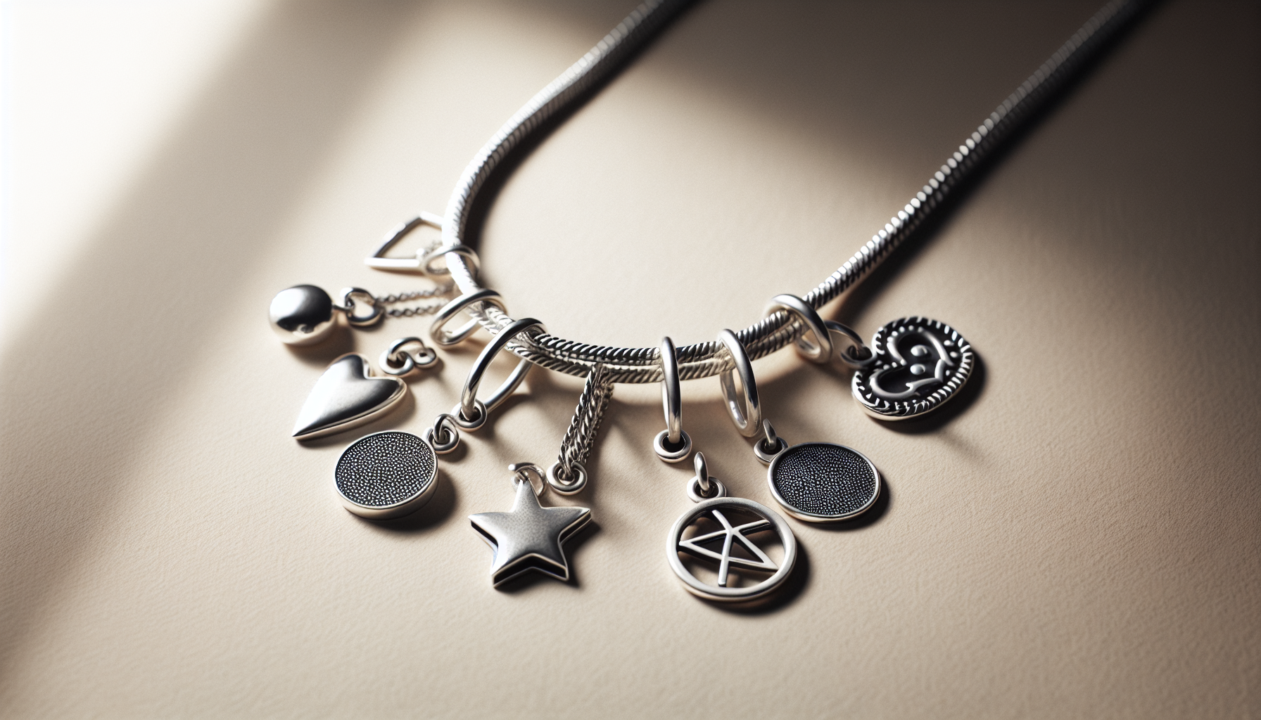 Närbild på 925 silverarmband och halsband med svarta rodium-berlocker i skandinavisk stil mot beige bakgrund, lyxigt smycke för svensk webbshop
