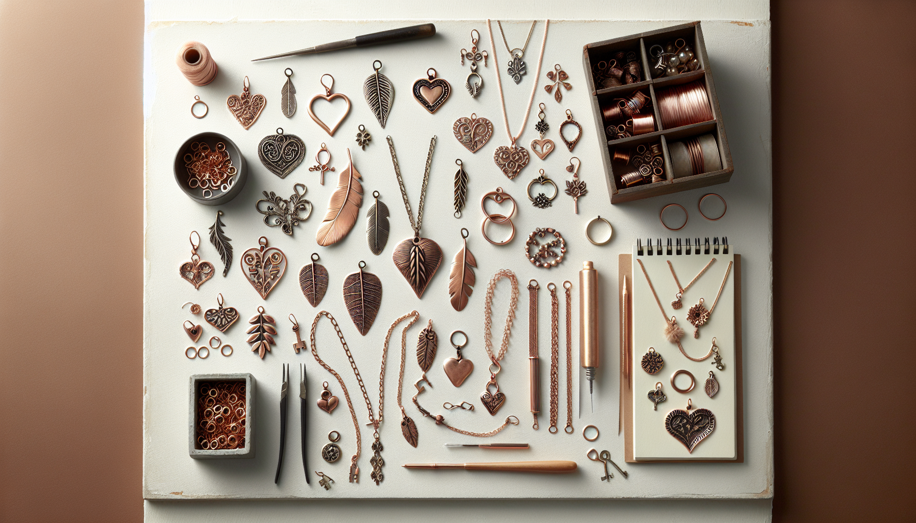 Platt-lay av DIY smyckestillverkning med kopparfärgade berlocker, charms och verktyg på ljus skandinavisk arbetsyta, kreativ hobbykänsla