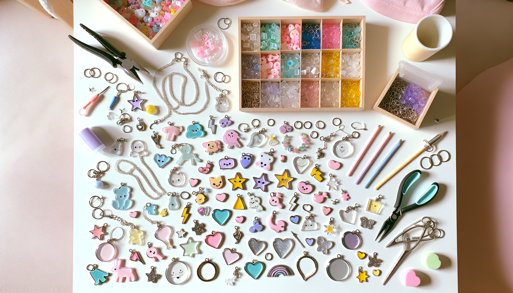 Plattlay med plexiglasberlocker, DIY-smycken och nyckelringar på vit skrivbordsyta – modern skandinavisk guide till akrylcharms-pyssel