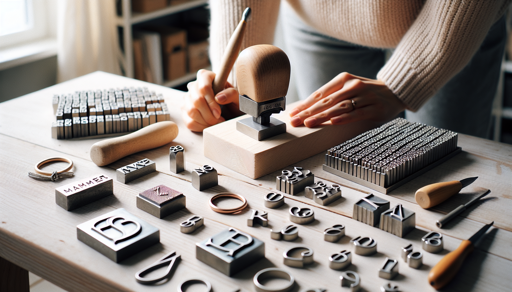 Närbild på skandinavisk, ljus verkstad där person handstämplar bokstäver i metallbricka för personliga smycken och nyckelringar