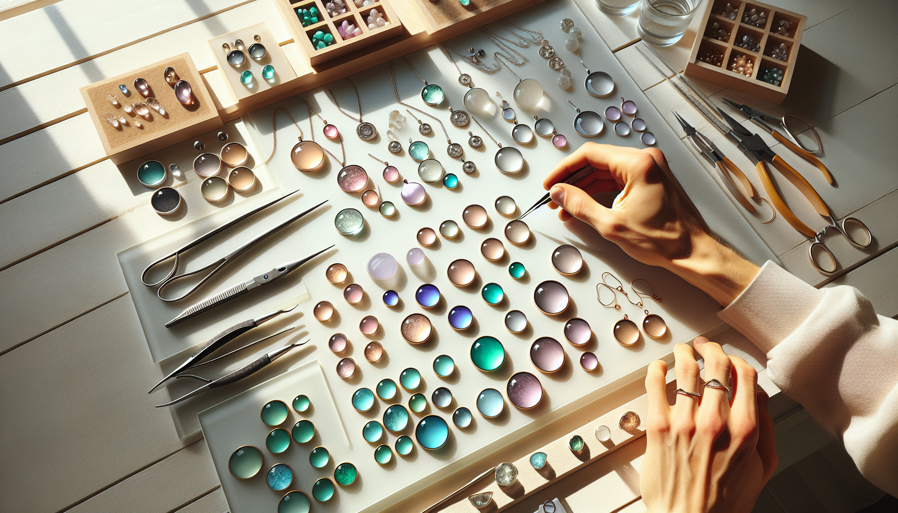 Skandinaviskt smyckesbord med Lunasoft cabochons och flatbacks i pastell, händer som monterar lyxiga handgjorda smycken i silver och guld