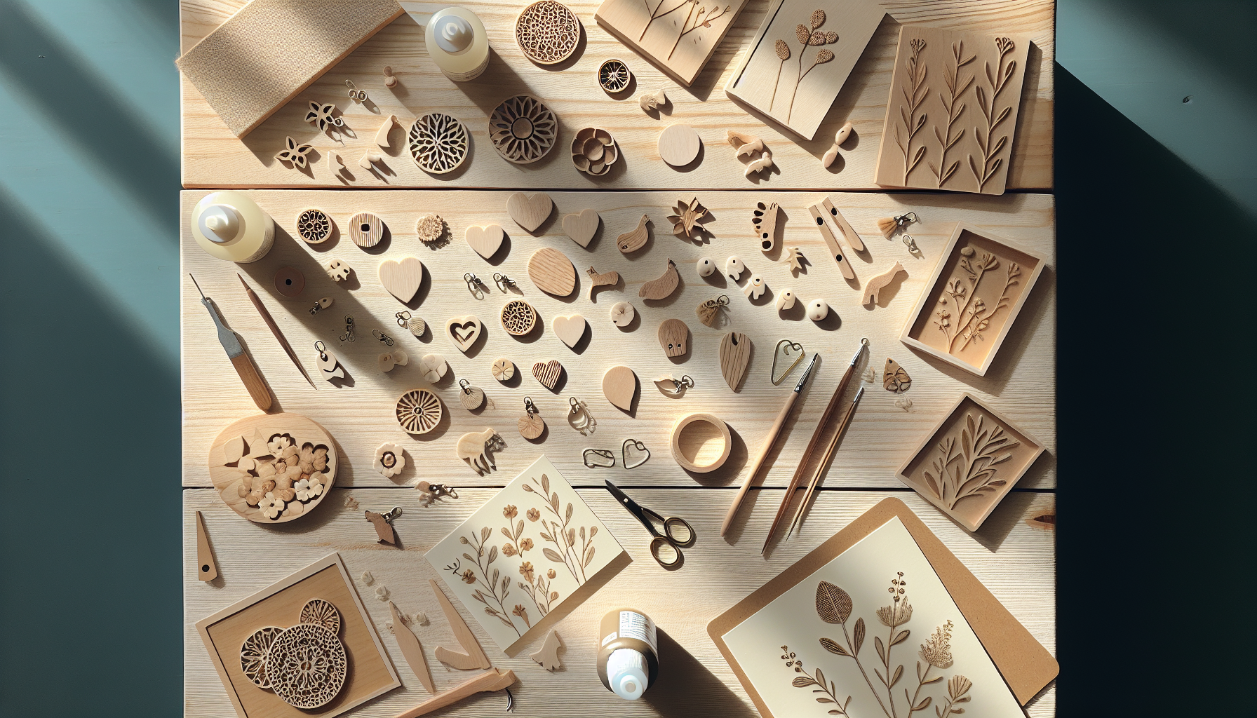 Ljus, skandinavisk DIY-pysselplats med trä cabochons och flatbacks, smyckesdelar, gratulationskort och scrapbooking på ljust träbord