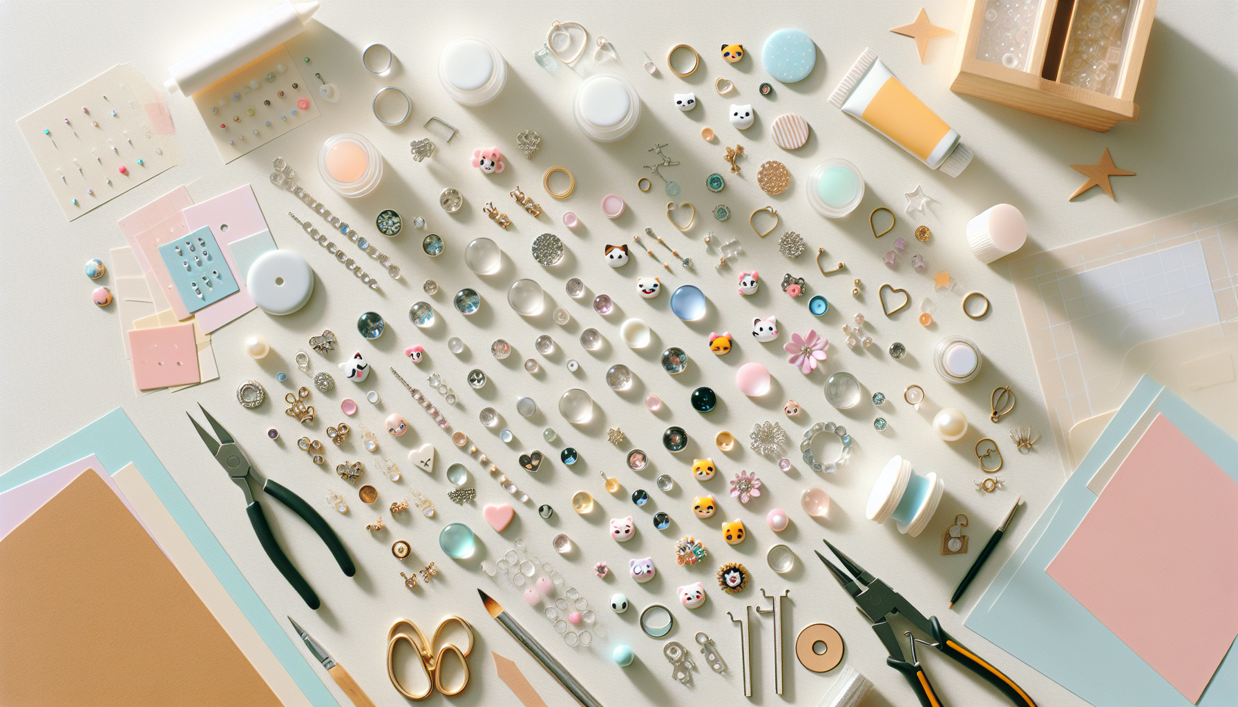 Plattläggning med cabochoner och flatbacks för smyckestillverkning och scrapbooking, omgiven av smyckesdelar, lim, sax och washi‑tejp.