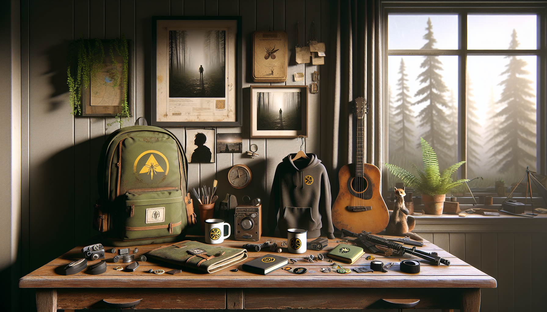 Postapokalyptisk hero-bild med snyggt arrangerade survival-merch på skrivbord, nordisk gaminghörna i bakgrunden för svensk geek webbutik