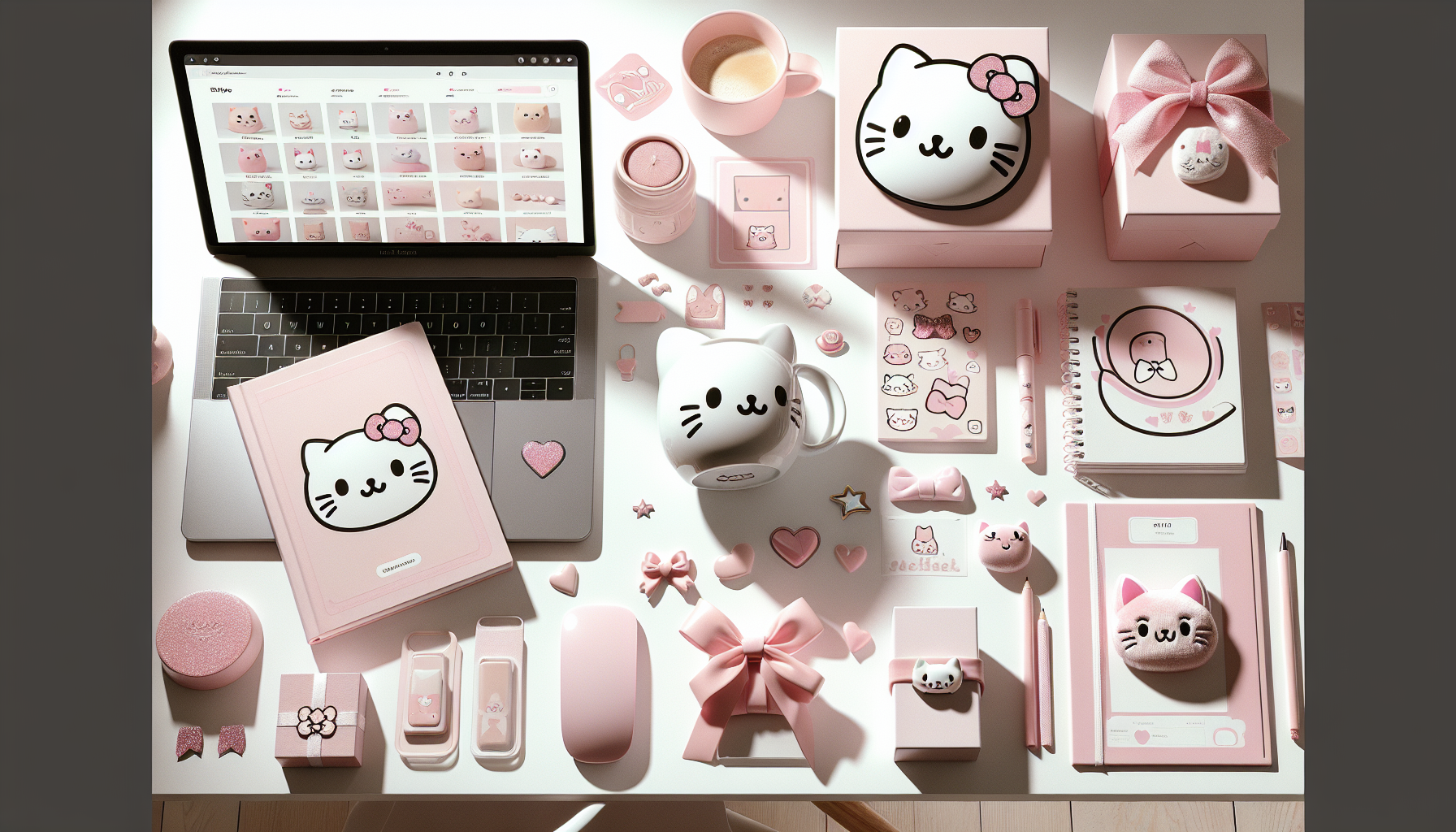 Platt-lay av vit skrivbordsyta med rosa kawaii-kattprylar, laptop med svensk e-handel, samlarboxar och presentask i mjuk, ljus livsstilsstil