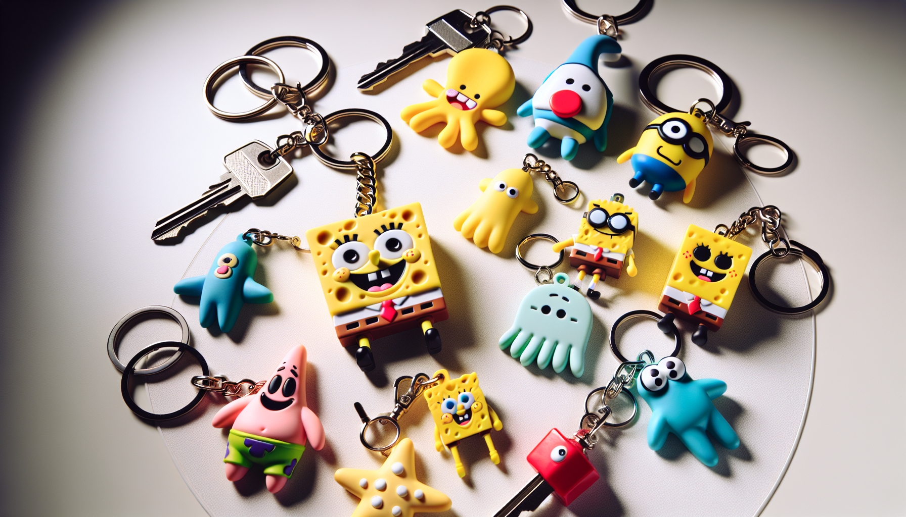 Närbild på färgglada Svampbob Fyrkant-nyckelringar på minimalistiskt skrivbord, laptop med Nerdbutiken.se i bakgrunden, skandinavisk stil