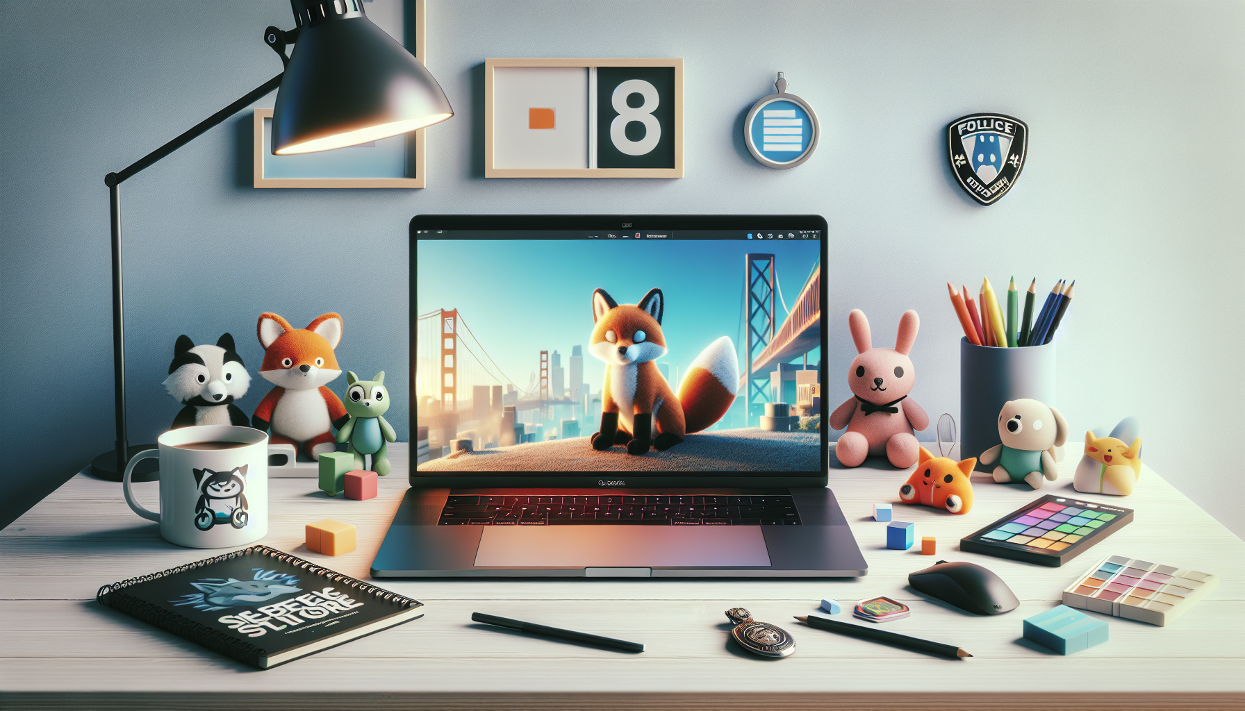Skrivbordsbild med laptop öppen på svensk nördshop och Zootopia‑inspirerade samlarprylar, som rävar och kaniner, för shopping på Gamedungeon.se