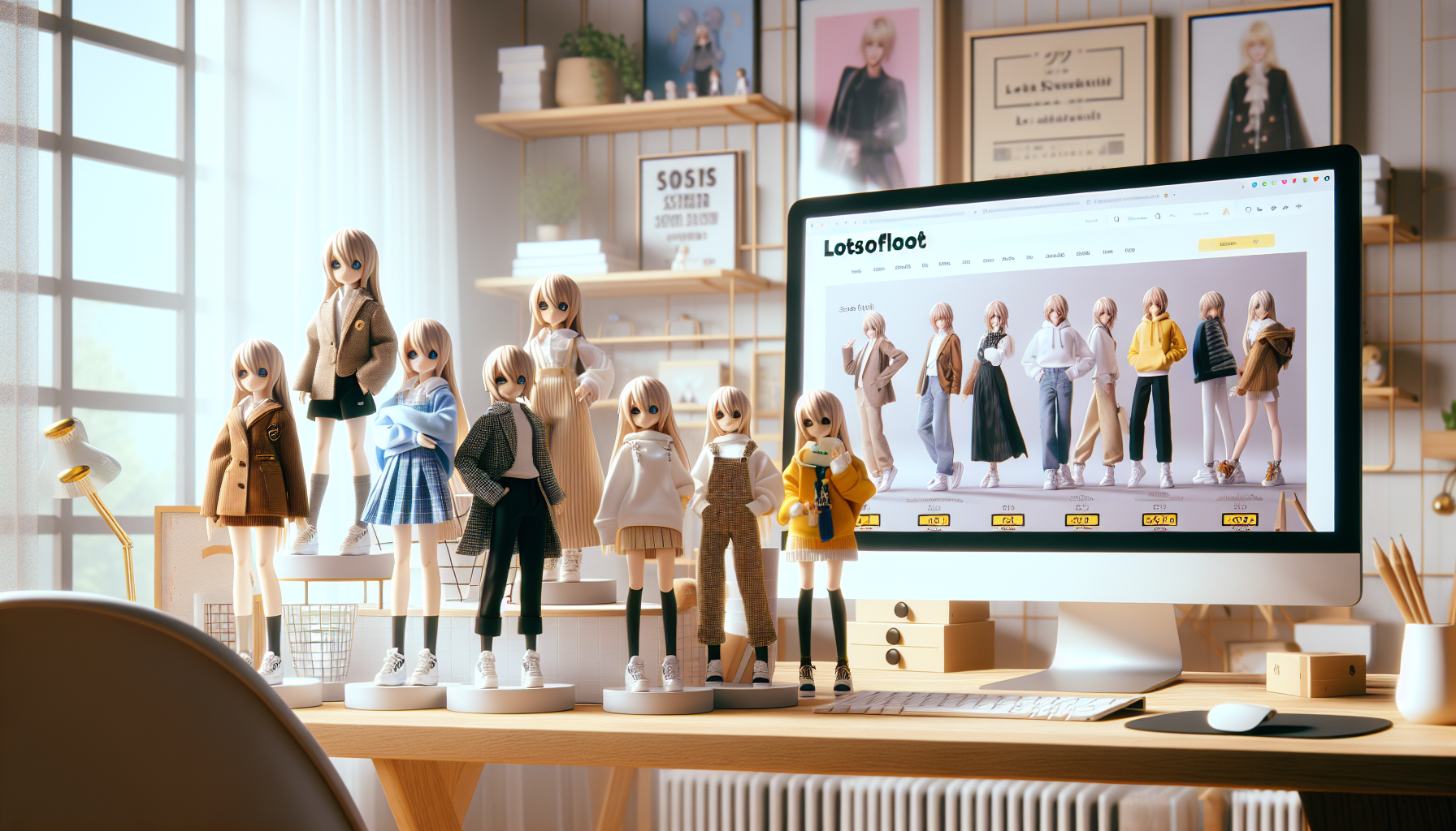 Samlarhylla med My Dress-Up Darling-inspirerade animefigurer i skandinavisk inredning, Lotsofloot.se öppet på skärm i svensk hemmamiljö