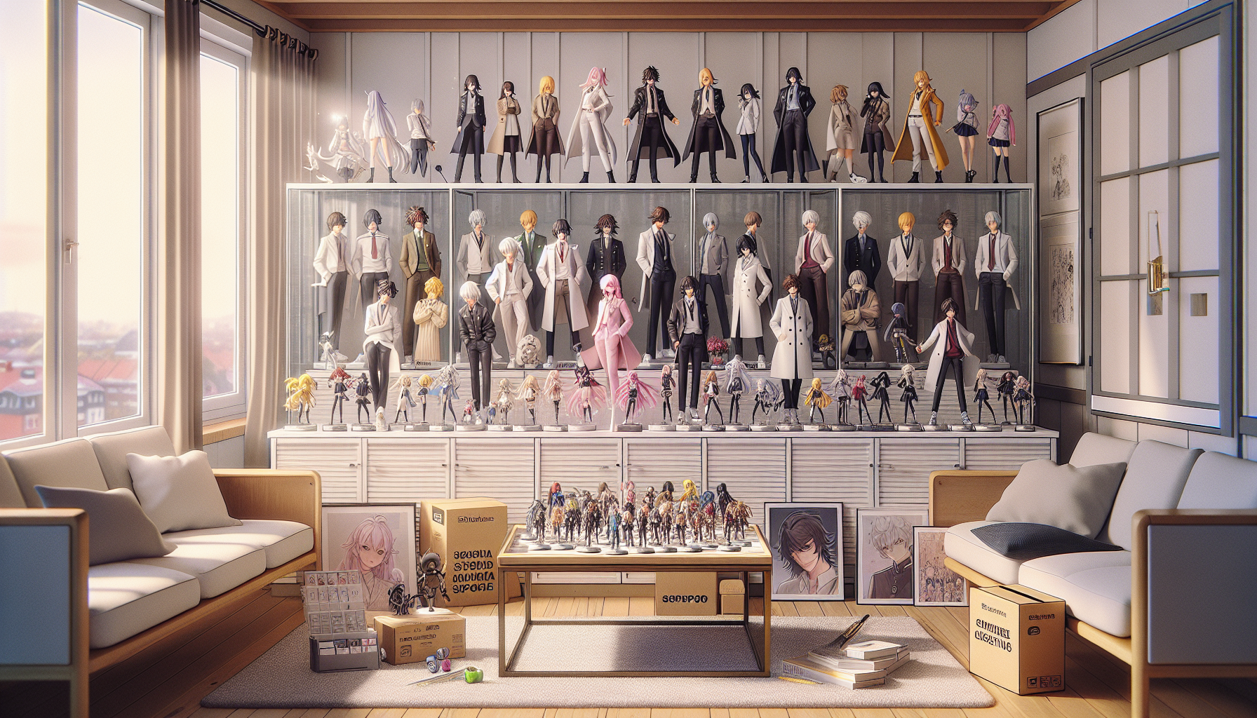 Banderoll med animefigurer i glasmonter i skandinaviskt vardagsrum, samlarhörna för svenska anime-samlare, skalafigurer och chibis på hylla