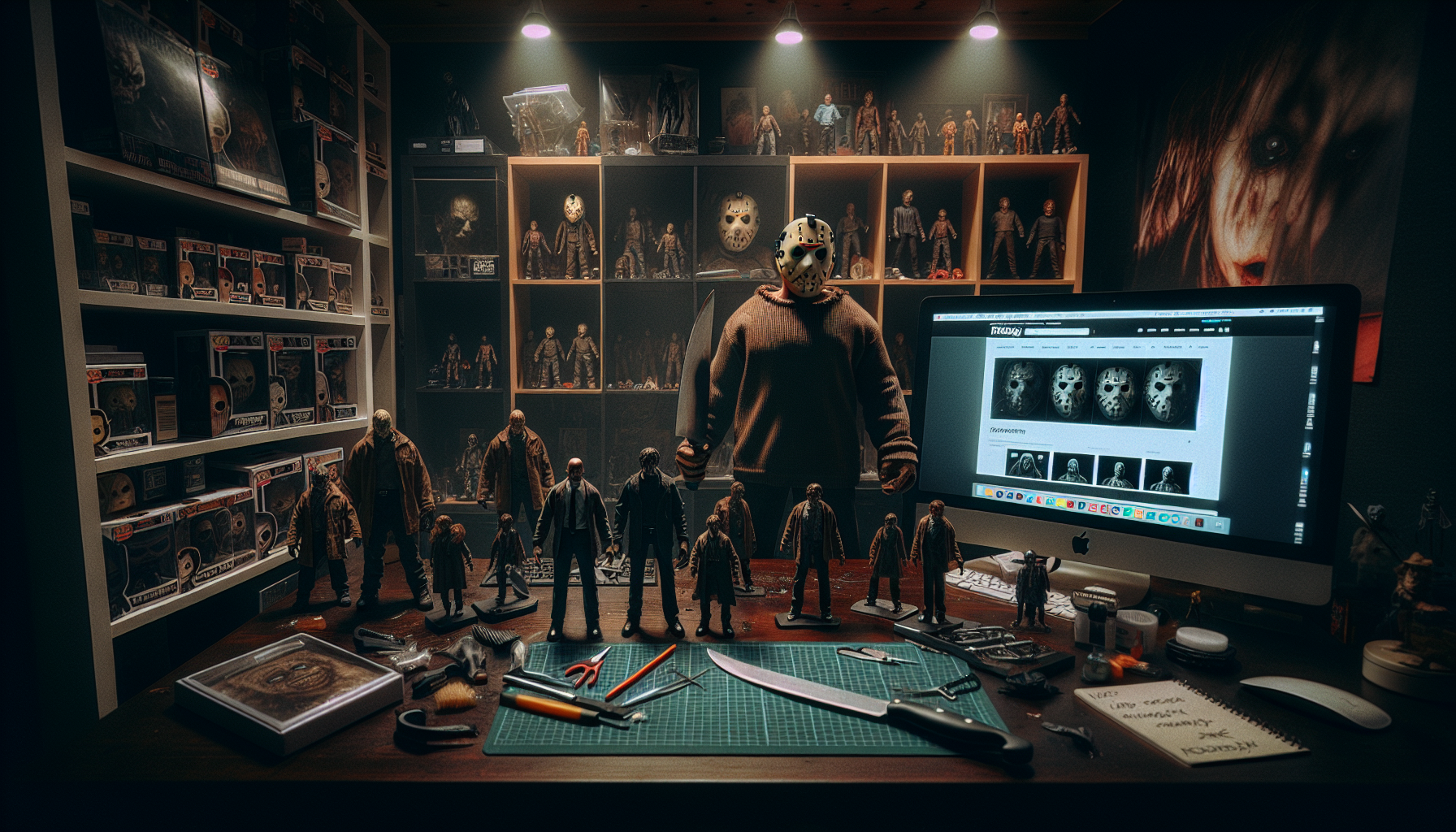 Bred produktbild på samlarbord med realistiska maskerade slasher-figurer, dramatiskt ljus, samlarprylar och suddig svensk webshop i bakgrunden.