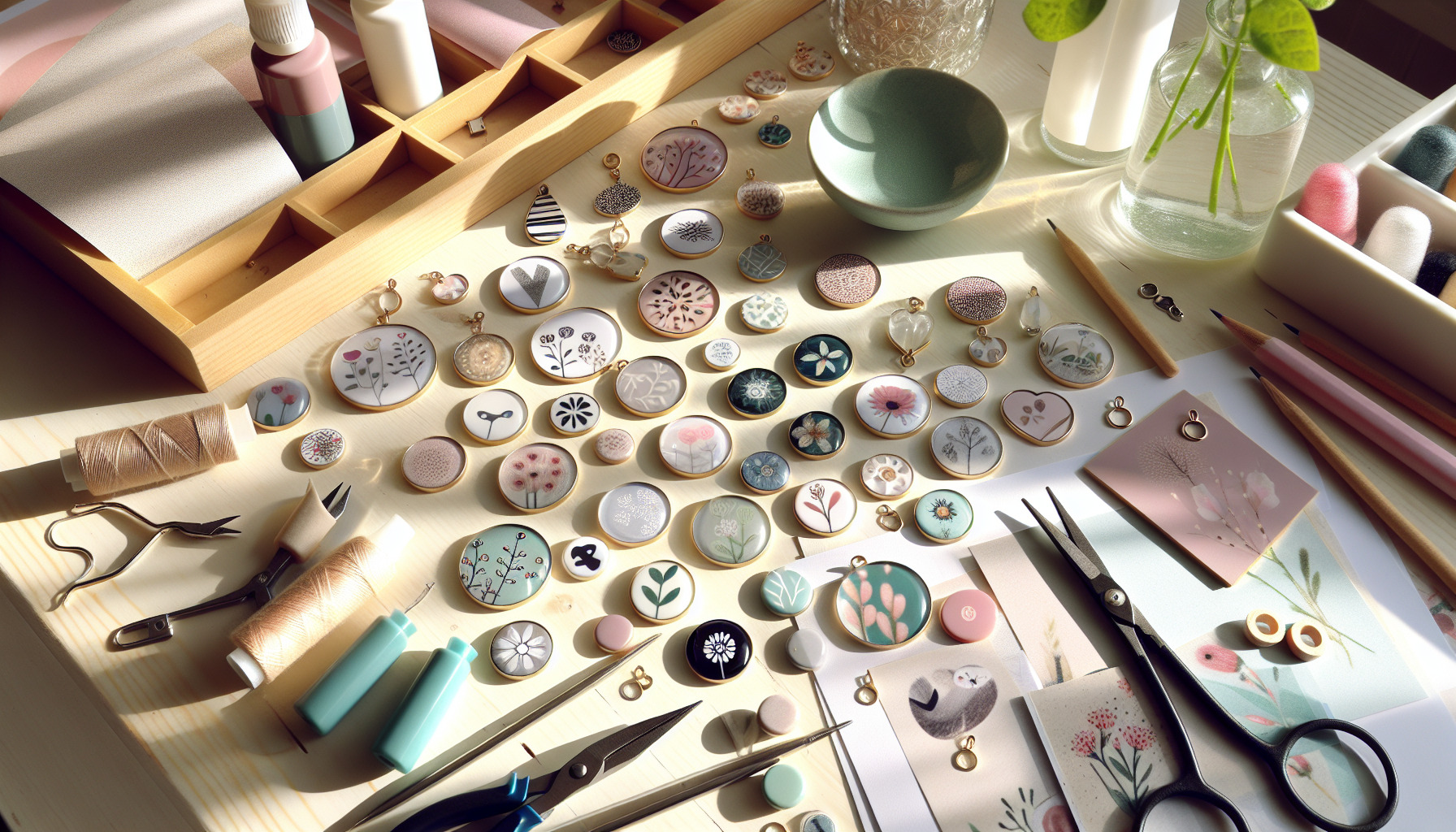 Flatlay av nordiskt DIY-smyckesbord med personliga cabochons, flatbacks och verktyg på ljus träyta i mjuka pastellfärger