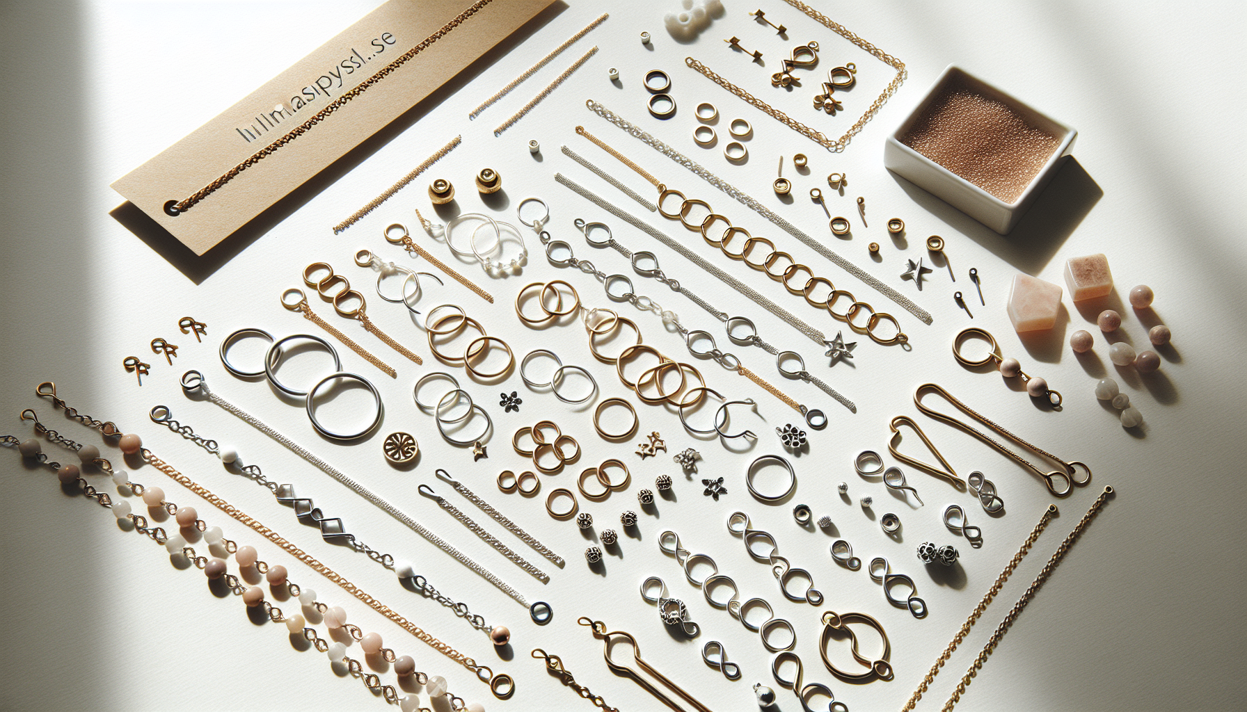Platta smyckesdelar och connectors i guld, silver och rosé på vit bakgrund, DIY-armband och halsband runt, tagg med Hilmaspyssel.se