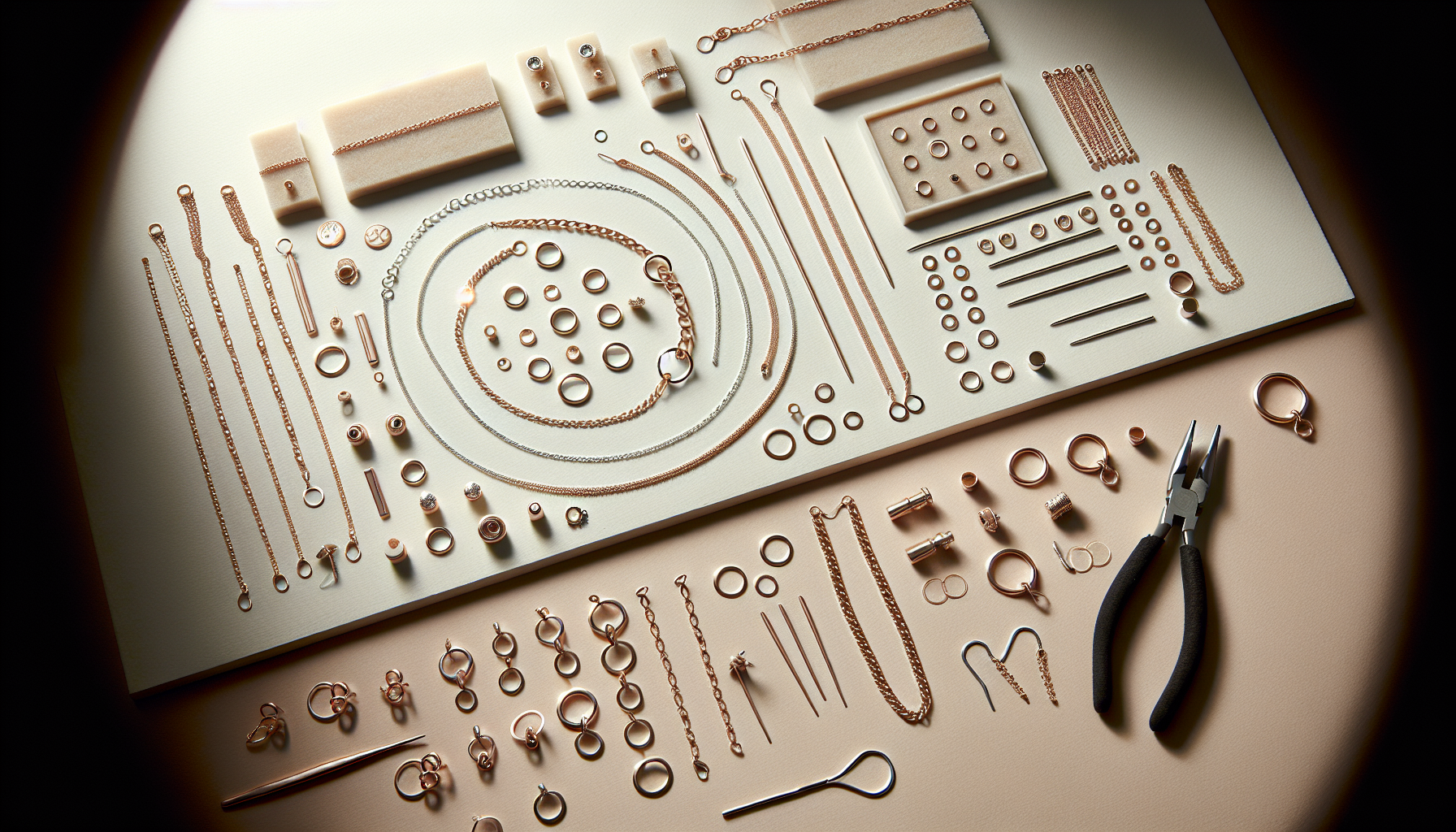 Platta med 18K roséguldpläterade 925 silver connectors och påbörjade smycken, DIY smyckestillverkning i skandinavisk stil hos Hilmaspyssel.se