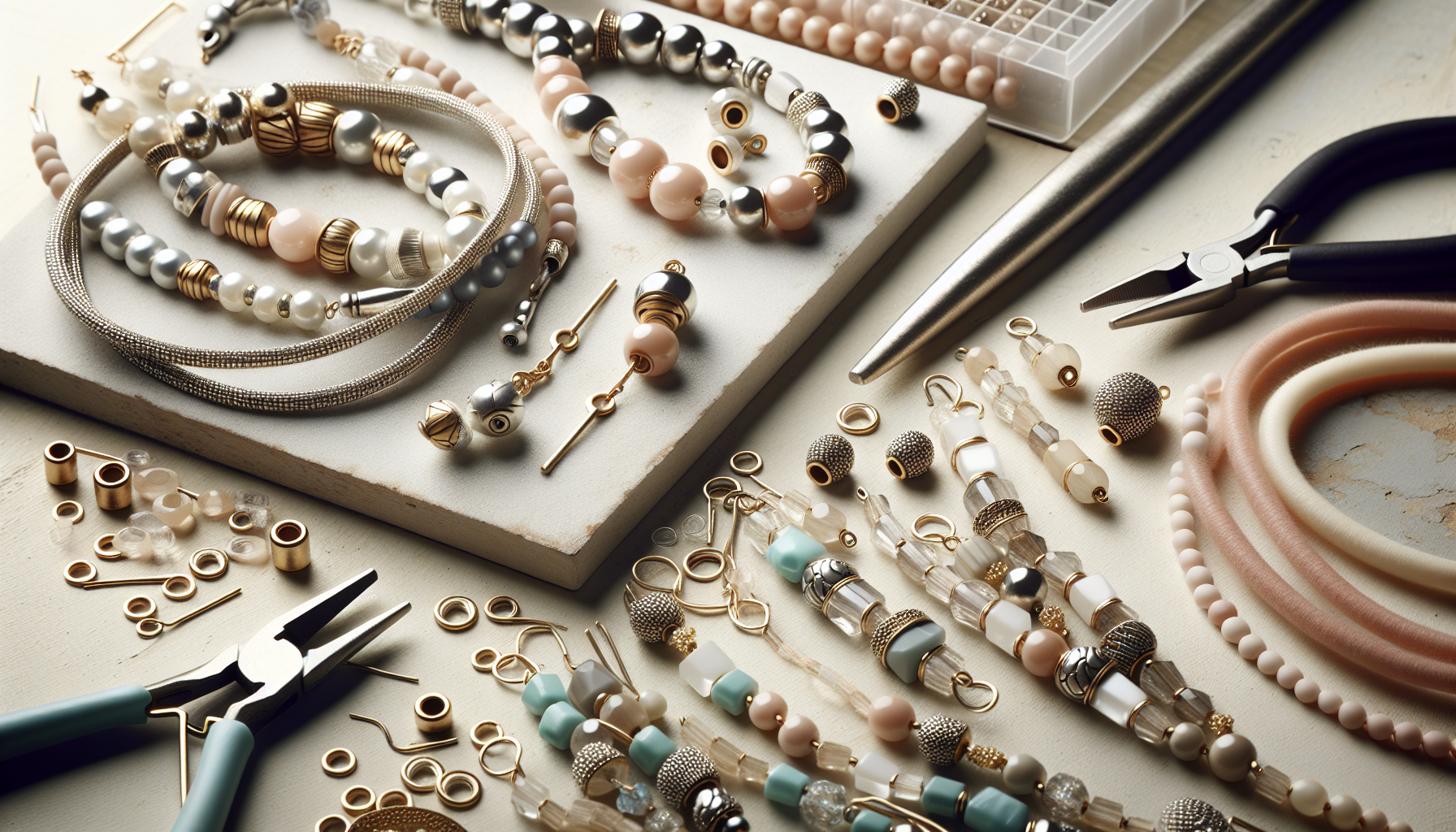 Närbild på DIY-smycken med 2-håls mellandelar på ljust pysselbord, armband, halsband, örhängen och verktyg från Hilmaspyssel.se