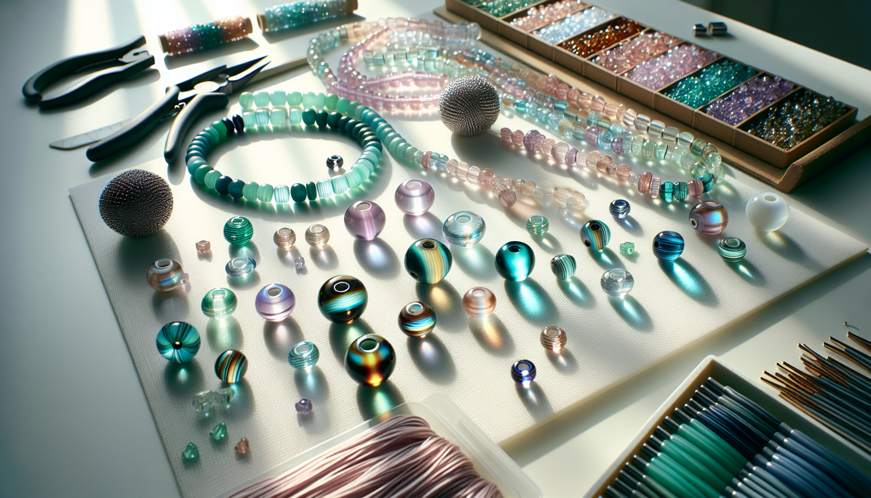 Kattöga-glaspärlor från Hilmaspyssel.se i turkos, lila, rosa m.fl., armband och halsband på ljus pysselyta, skandinavisk smyckesdesign