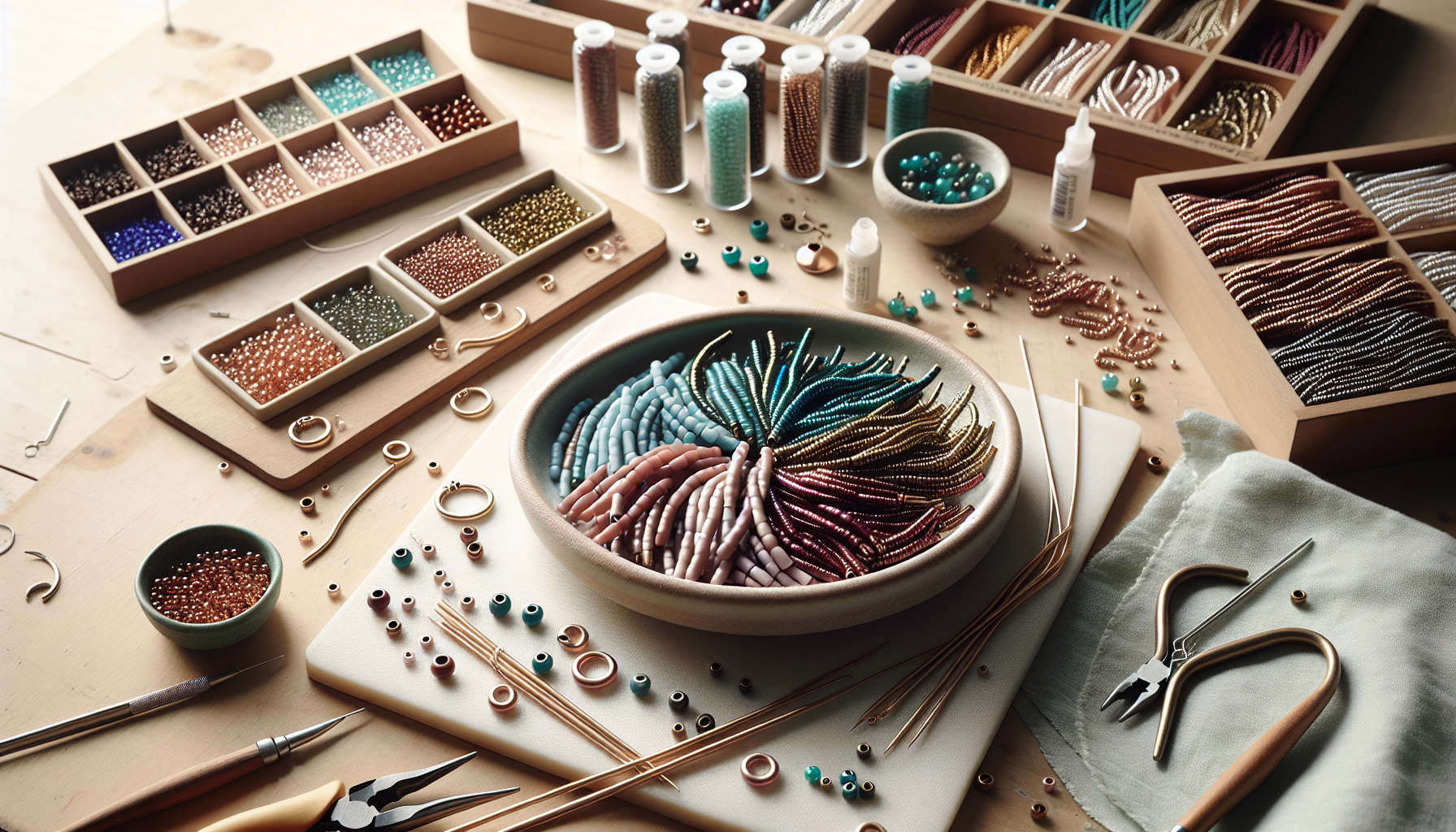 Närbild av skandinaviskt smyckesbord med färgglada Chili Beads, halvfärdiga armband och örhängen, verktyg och tråd i naturligt dagsljus