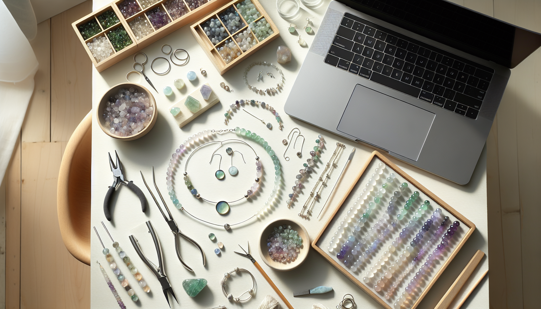 Minimalistiskt smyckesbord med fluoritsmycken, lösa stenar, verktyg och laptop i nordisk stil, DIY-smyckestillverkning hemma