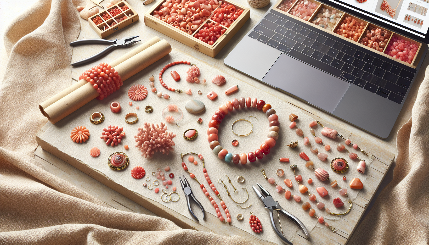 Plattläggningsbild med korallsmycken, pärlor och smyckesverktyg på ljust bord, kreativ DIY-design för Hilmaspyssel.se smyckesblogg