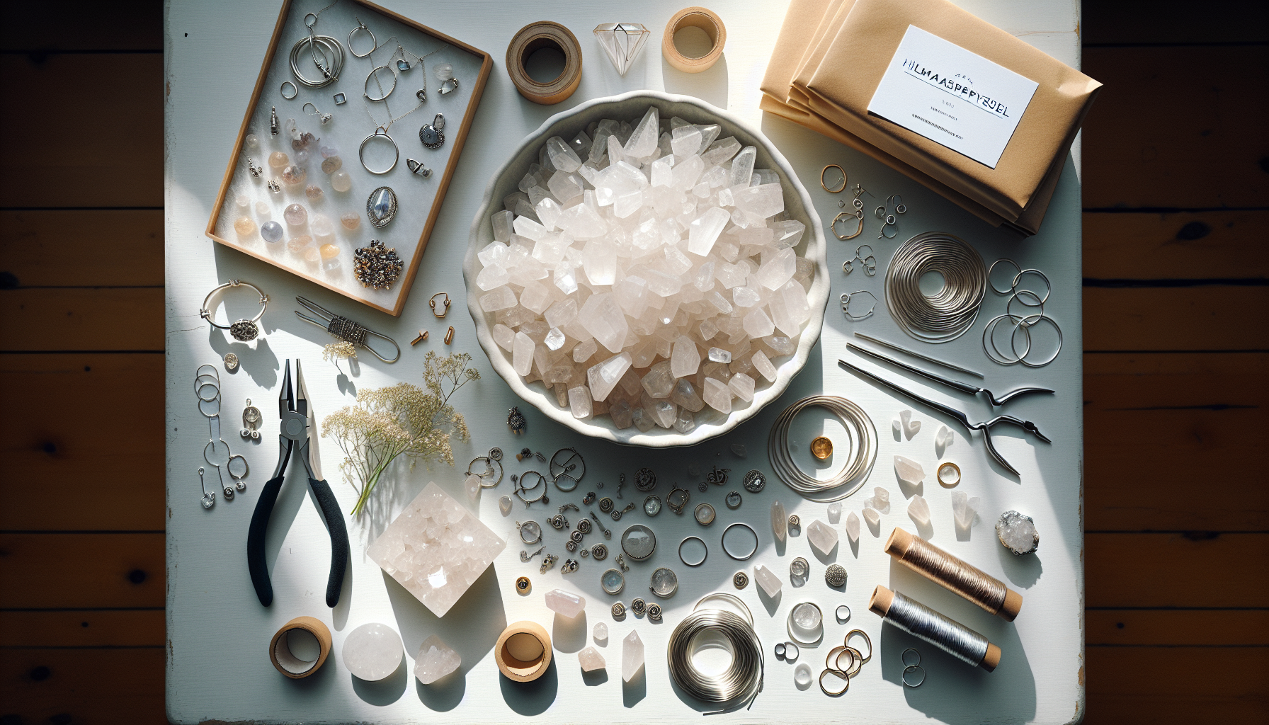 Ljust flatlay-smyckesbord med bergkristall, halvfärdiga armband, silverdetaljer och Hilmaspyssel.se-material i skandinavisk, kreativ stil